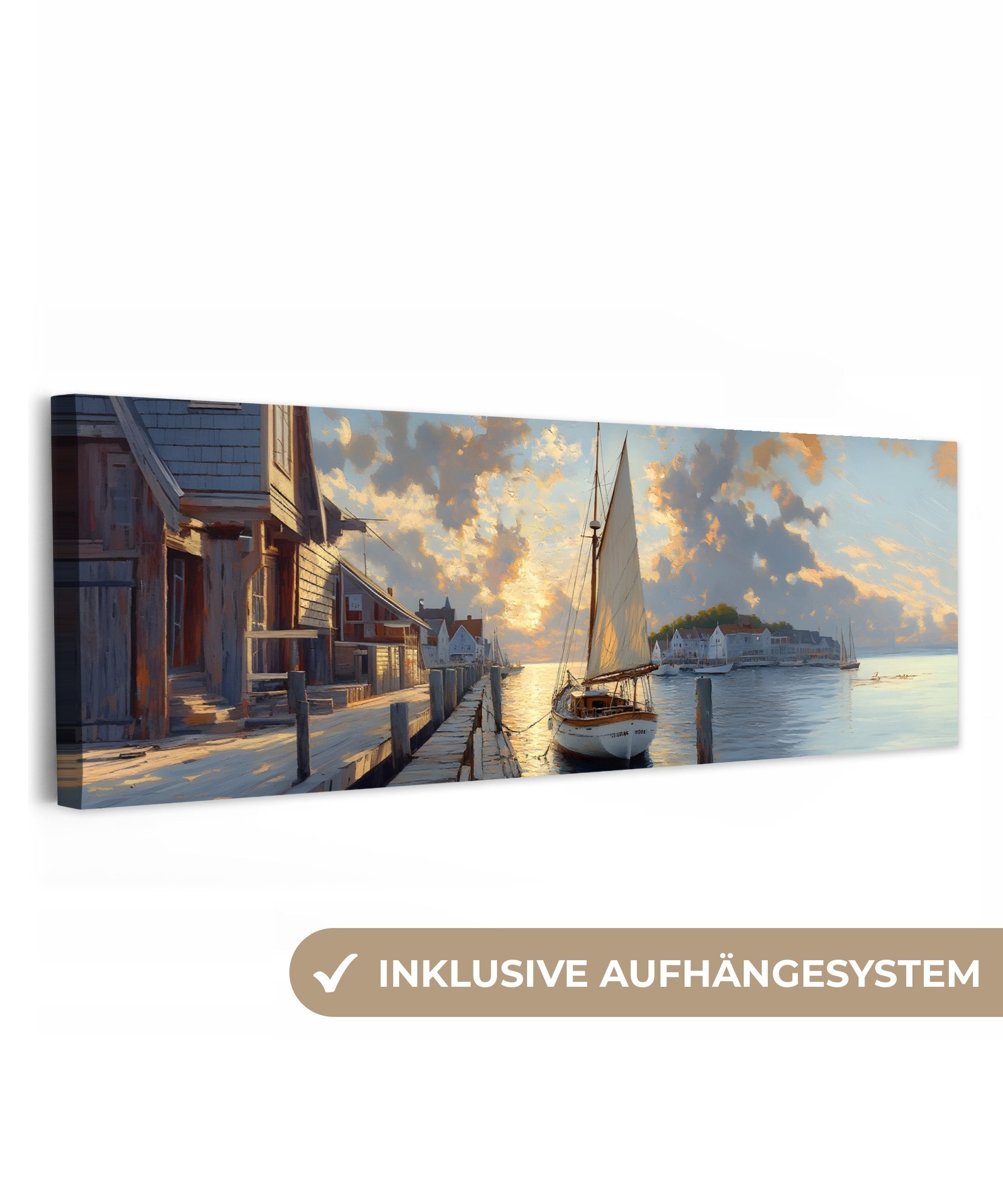 Leinwandbild Panorama Segelboot - Sonne - Pier - Holz