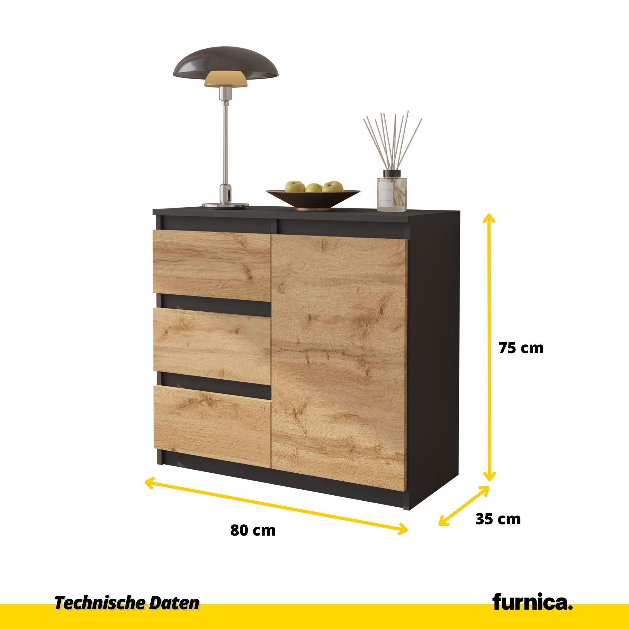 Furnica Grau/Votan und Kommode Anthrazit Eiche Schubladen H75cm B80cm St) MIKEL, Grau (1 T35cm Anthrazit - Tür 1 3