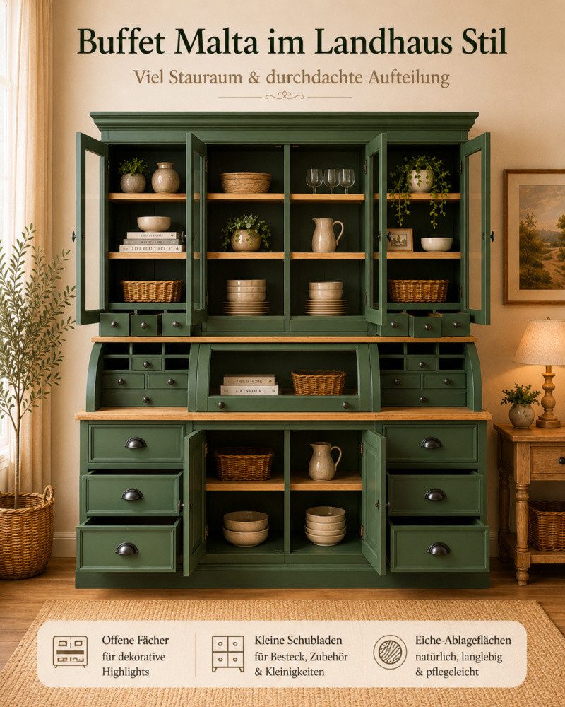 Wohnpalast Buffet Landhaus Buffet Schrank Malta Ladenschrank laubgrün mit Eiche 200 cm
