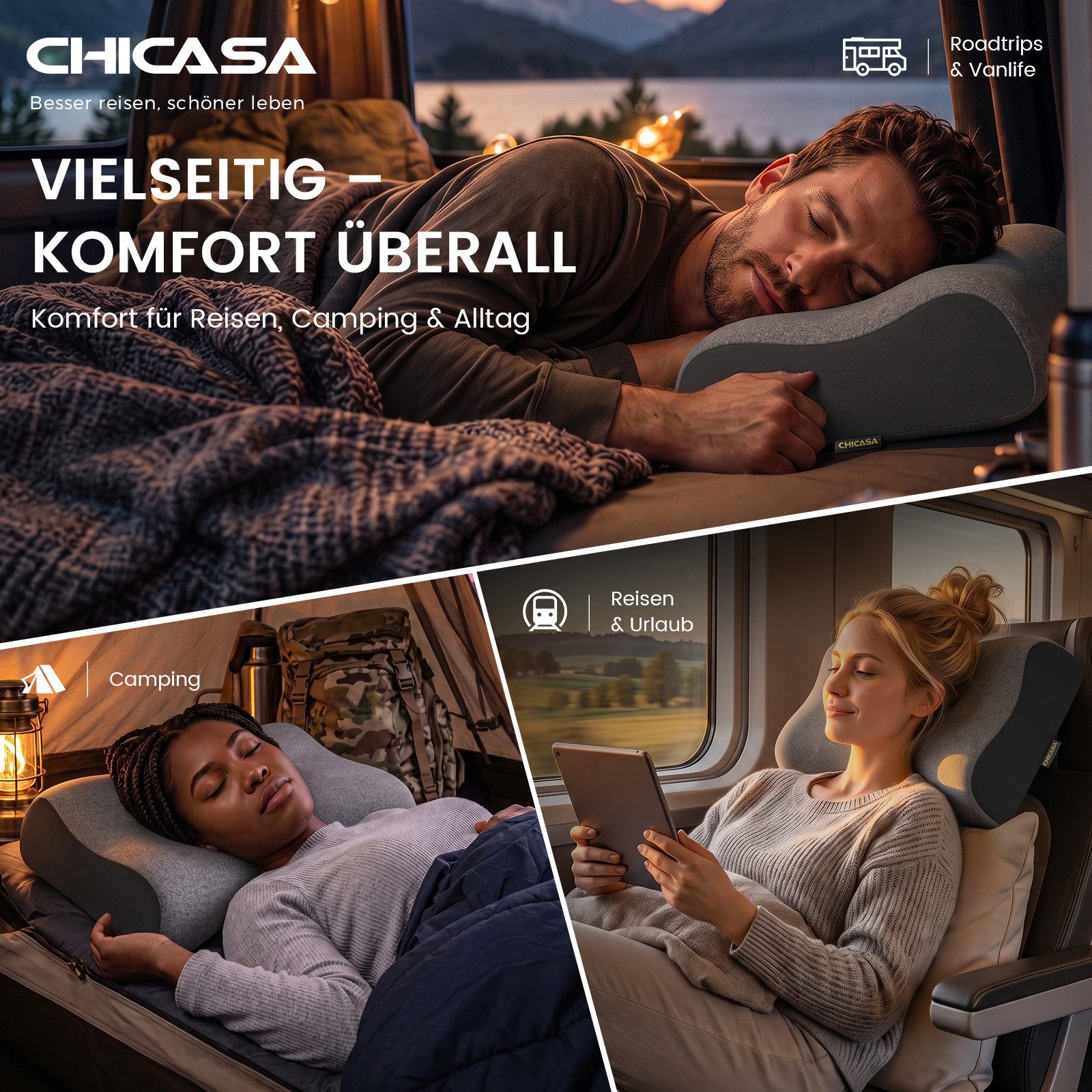 CHICASA Kopfkissen Reisekissen Grau, ergonomisch, 50D Memory-Schaum – Bild 2 von 5