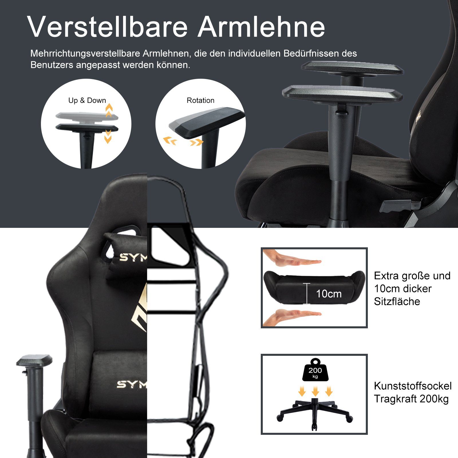 symino Gaming-Stuhl Drehstuhl, verstellbare Armlehnen und Rückenlehne, Memory Foam-Kissen mit Fußstütze, Schwarz – Bild 4 von 5