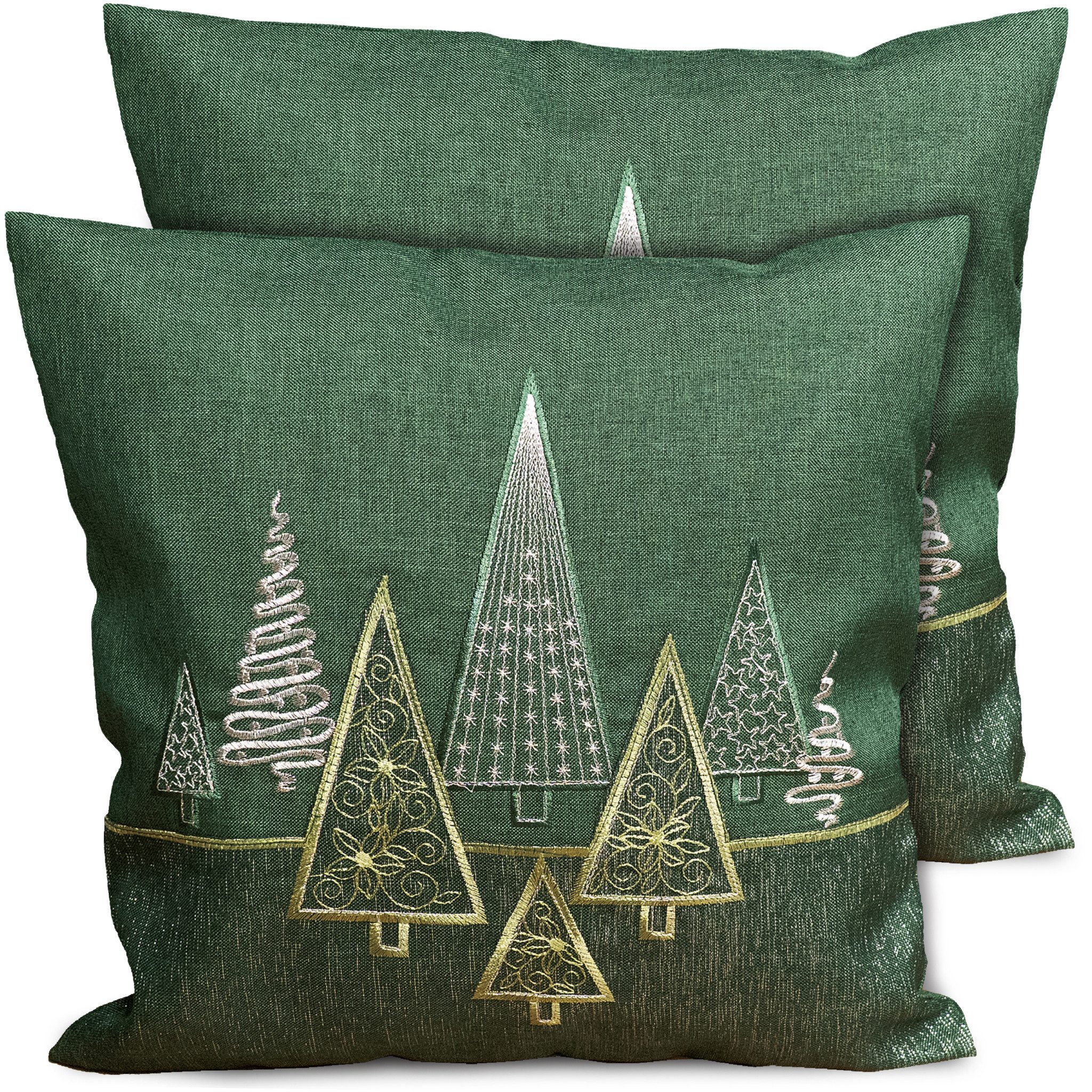 matches21 HOME & HOBBY Kissenbezüge 2er Set Kissenhüllen 40x40 cm dunkelgrün mit Tannenbaum Weihnachten, (2 Stück), Zierkissen-Bezüge für Sofa-Kissen, Couch-Kissen