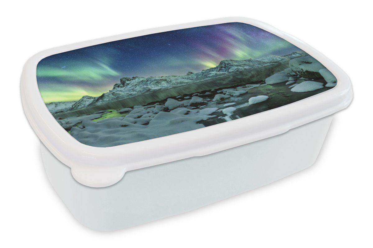 MuchoWow Lunchbox Meer - Eis - Nordlicht - Winter - Natur, Kunststoff, (2-tlg), Brotbox für Kinder und Erwachsene, Brotdose, für Jungs und Mädchen weiß
