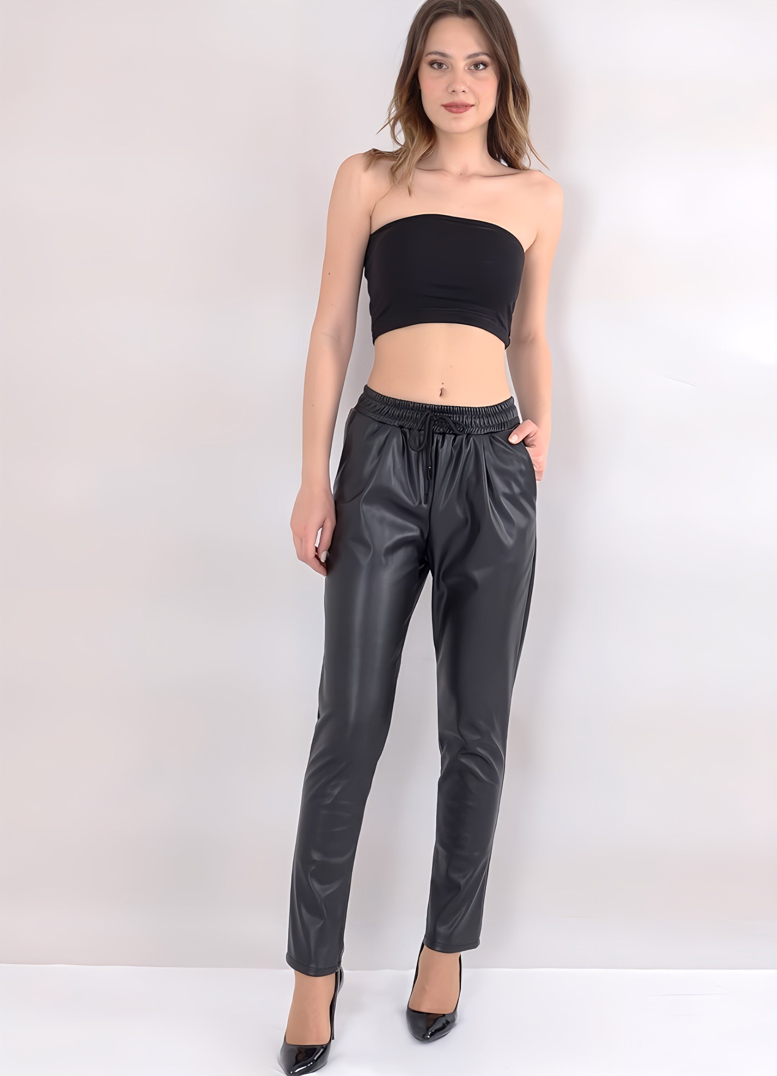 fashionshowcase Lederhose Damen Kunstleder-Jogger mittlere Taille günstig online kaufen