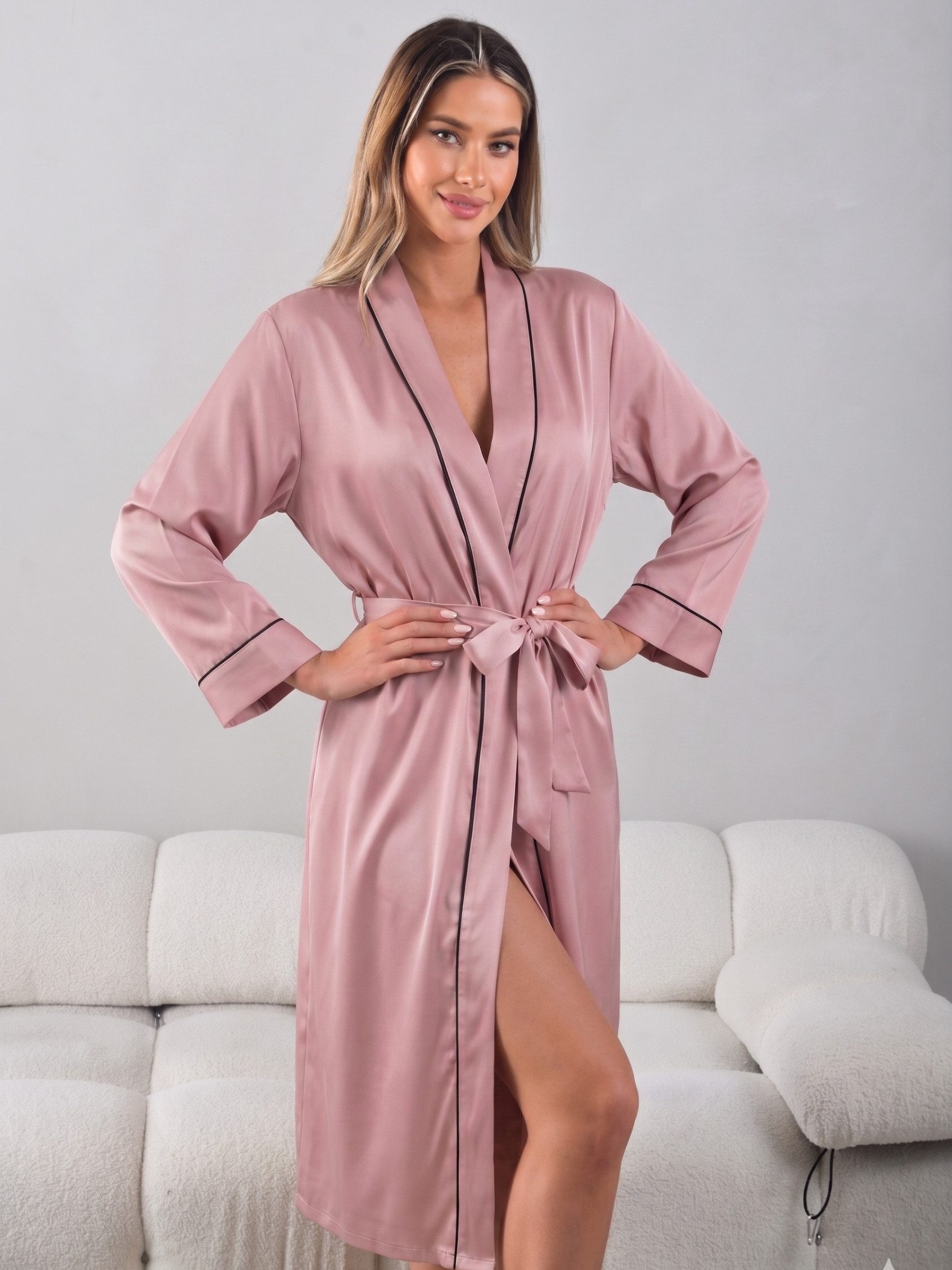 Elegant Love Morgenmantel Eleganter Satin Langarm-Pyjama mit V-Ausschnitt und Gürtel, Nachtgewand, Schlafbekleidung, Gürtel, sexy Nachtwäsche, Dessous für Damen