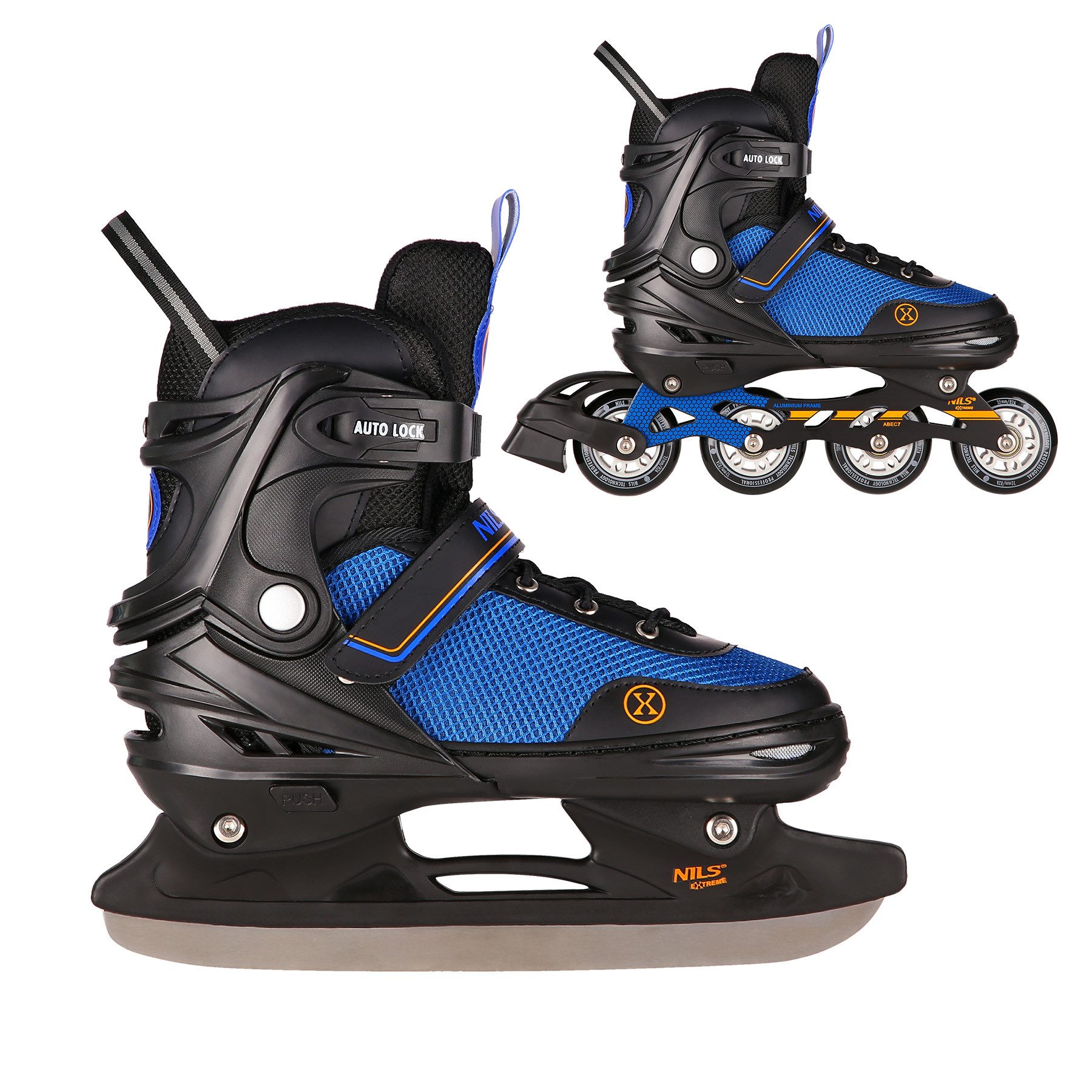 NILS EXTREME Inlineskates 2-IN-1 Inliner Коньки Rollschuhe Eishockey, verstellbare Größe, einfaches Rollen gegen Kufen austauschen