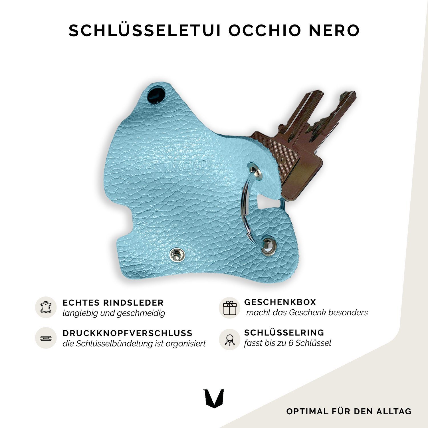 Einkaufswagenlöser, Leder Platz Hellblau für Schlüssel, 1-6 Occhio Schlüsseltasche Schlüsselanhänger mit Nero MAGATI aus