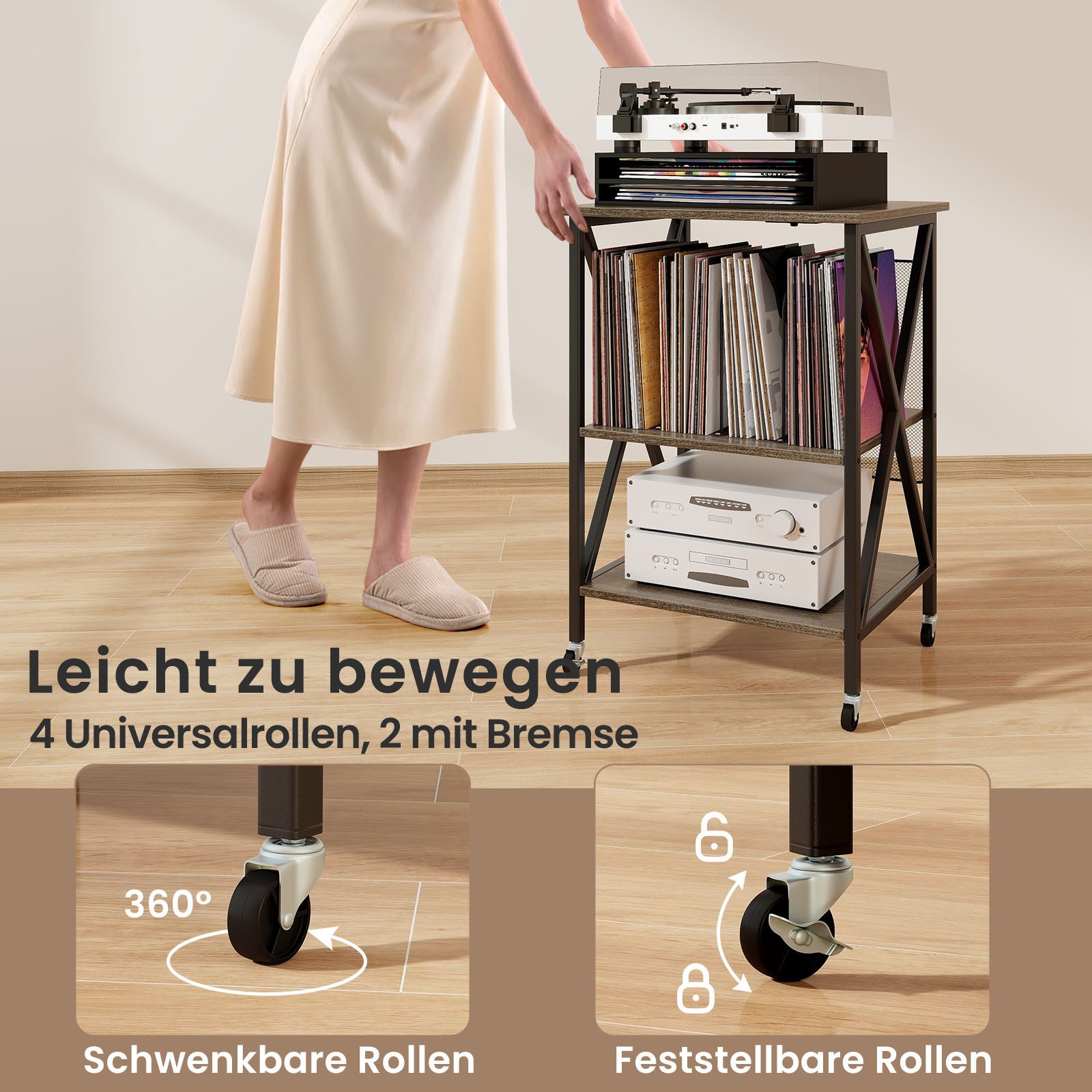 KOMFOTTEU Nachttisch, Plattenspieler Ständer mit Ladestation & Rollen