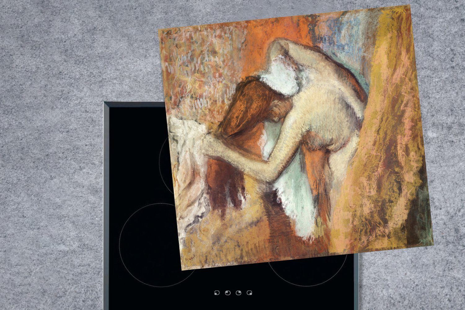 trocknet 78x78 Vinyl, Hals küche tlg), von (1 Arbeitsplatte Gemälde Edgar - cm, ihren MuchoWow Frau Ceranfeldabdeckung, Degas, für Herdblende-/Abdeckplatte