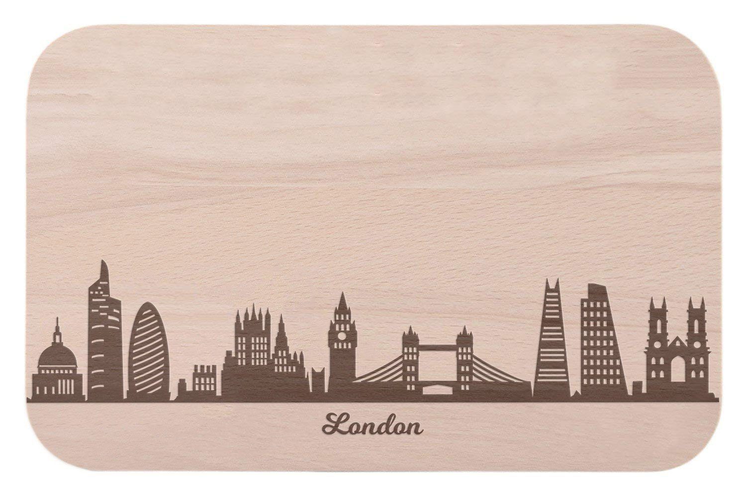 GRAVURZEILE Schneidebrett Frühstücksbrettchen London mit Skyline Gravur - Brotzeitbrett & Geschenk für London Stadtverliebte & Fans - ideal auch als Souvenir, Holz, (Kein Set)