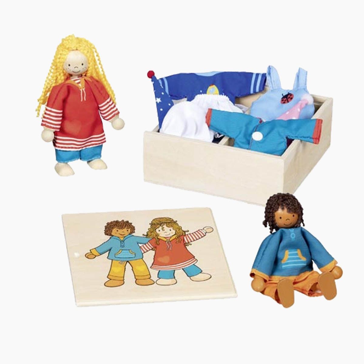 goki Biegepuppe Biegepuppen Fynja & Fabio, Klamottenkiste, 6 Outfits (Packung, 20-tlg., set packung), Kreatives Verkleidungsspiel für Kinder