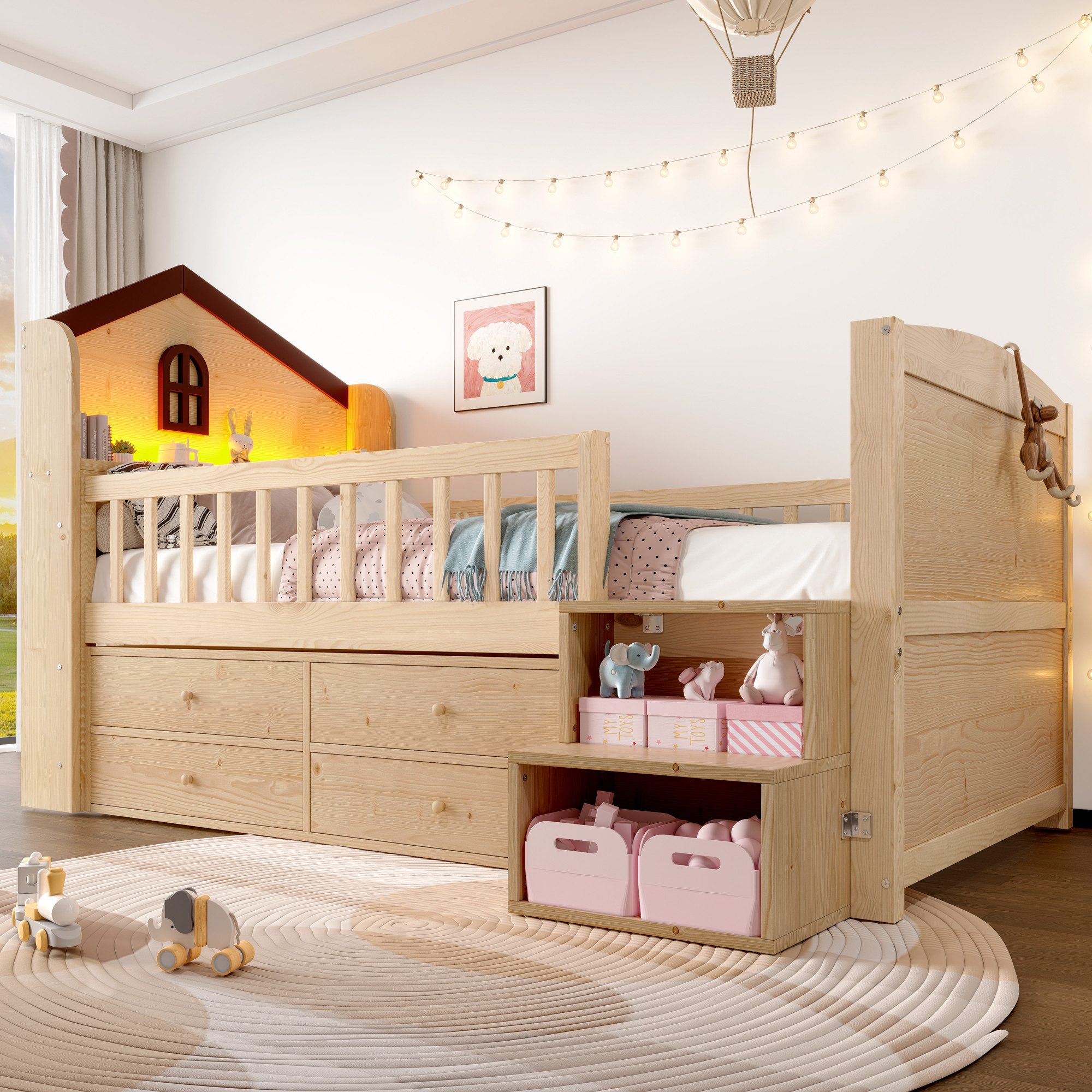 Merax Kinderbett in Hausform (1-tlg., Kieferholz Jugendbett Einzelbett Hausbett Kinderhaus), Hochbett 90x200cm mit LED-Lichtleiste, 4 Schubladen & Regalleiter
