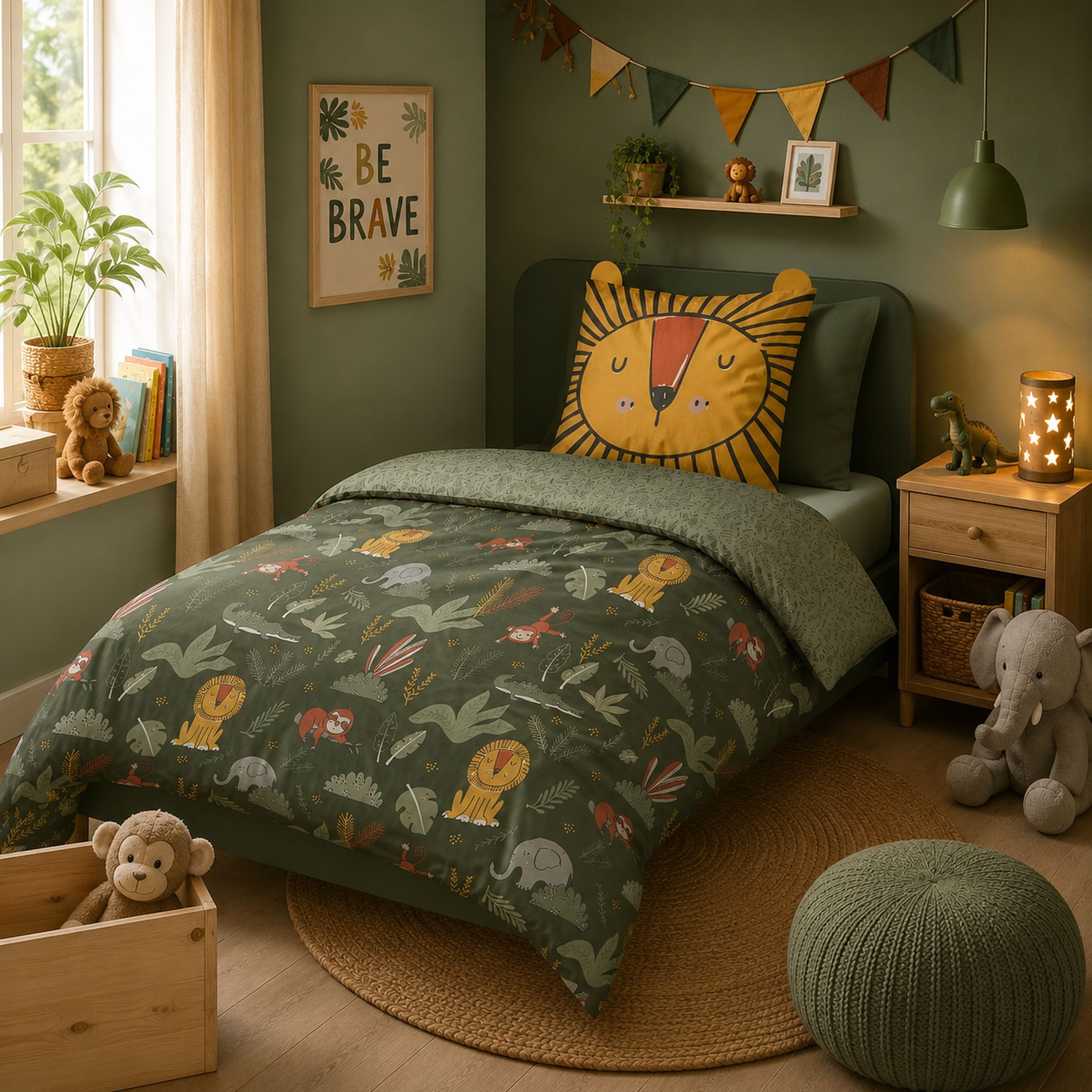 Familando Kinderbettwäsche Lion jungle 135x200 80x80 cm Bettwäsche Löwe mit Ohren, Renforcé, 2 teilig, mit liebevollem Motiv & süßen Details für Jungen und Mädchen