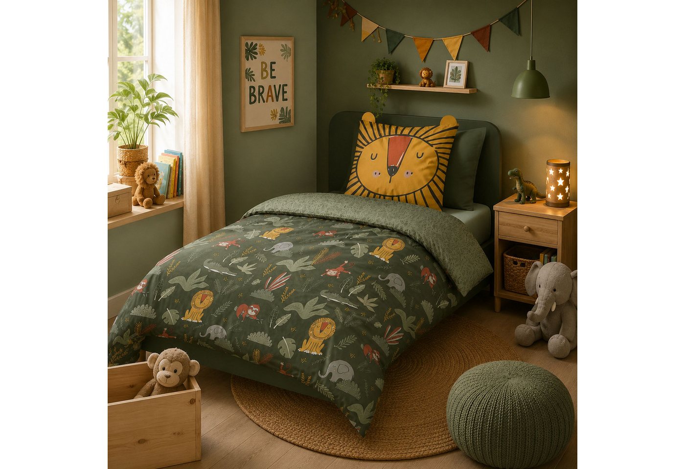 Familando Kinderbettwäsche Lion jungle 135x200 80x80 cm Bettwäsche Löwe mit Ohren, Renforcé, 2 teilig, mit liebevollem Motiv & süßen Details für Jungen und Mädchen
