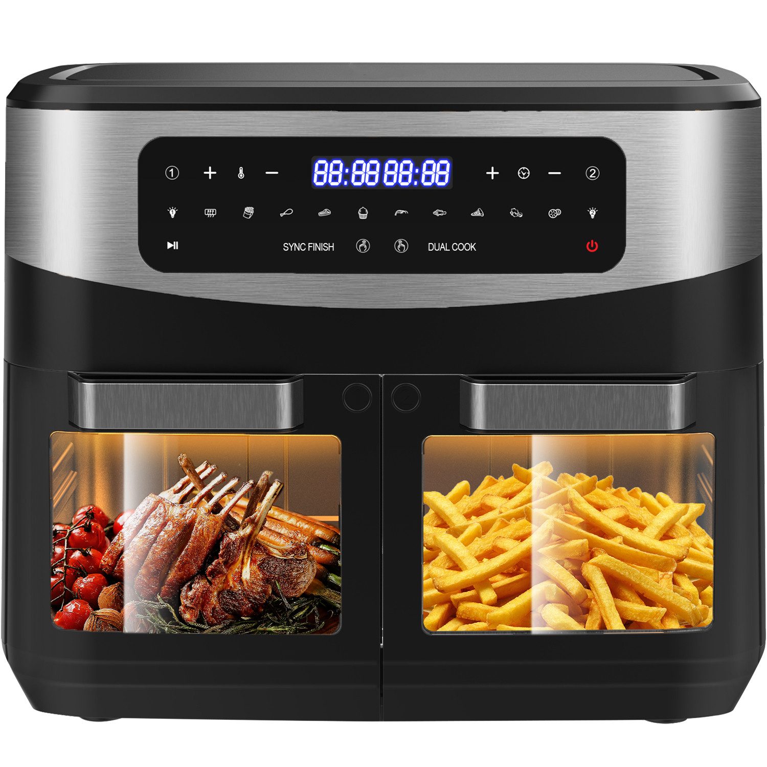 AIMAX Heißluftfritteuse XXL 12L, Airfryer 2×5,5L Dual-Kammern mit Sync-Finish, LED-Touch, 2200 W, 10-in-1, Sichtfenster, Touch-Bedienung, gesund & fettarm, Indoor-BBQ