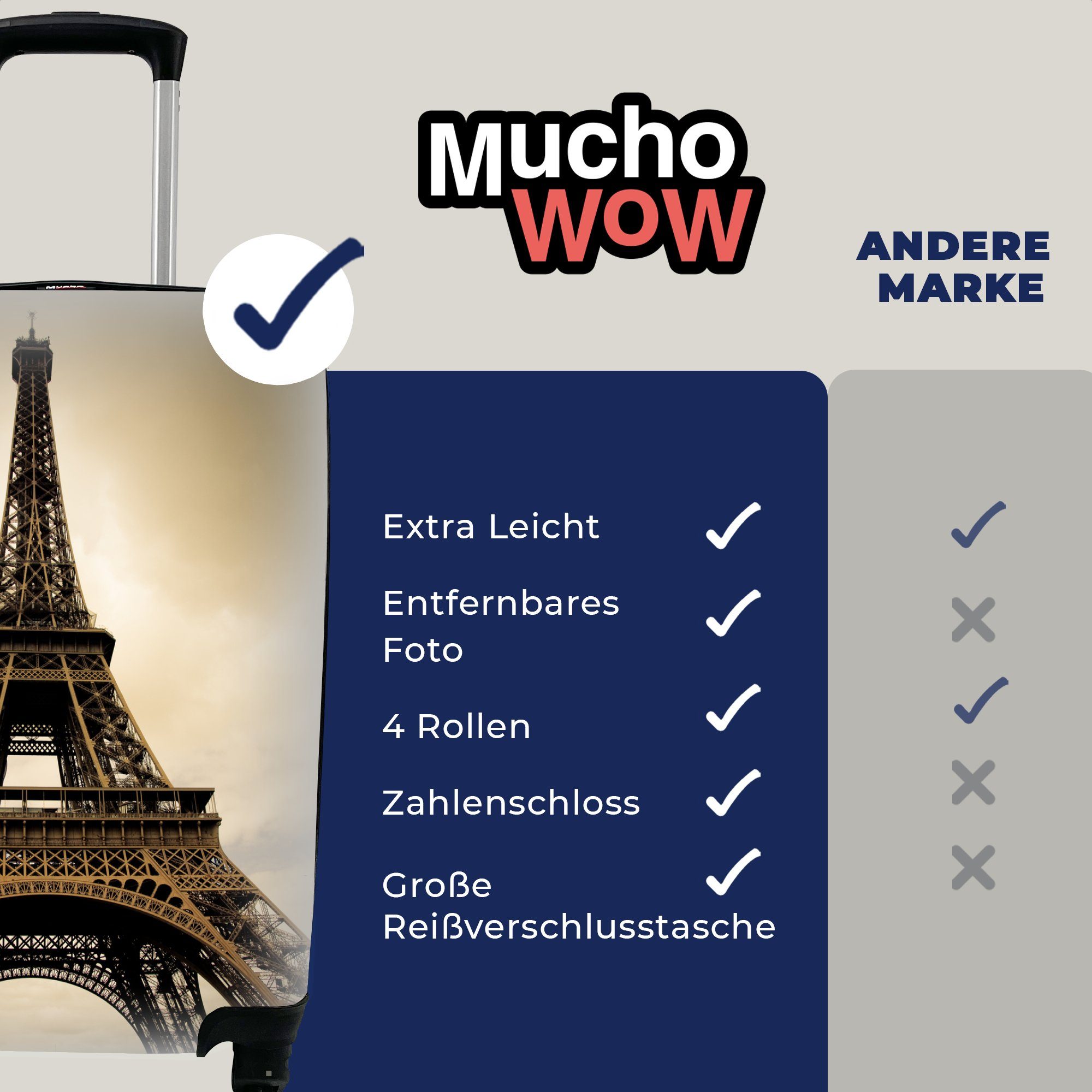Reisetasche MuchoWow Eiffelturm 4 für Reisekoffer Ferien, Rollen, mit Handgepäckkoffer rollen, Handgepäck Sepia-Fotodruck, Trolley, in Paris