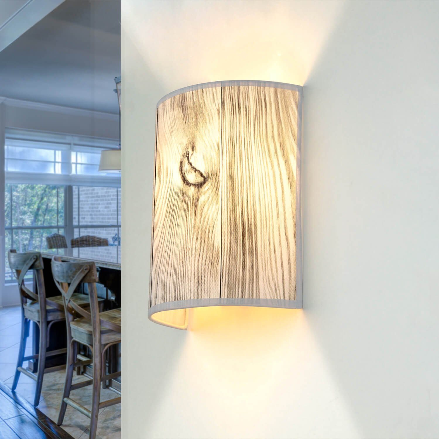 Licht-Erlebnisse Wandleuchte ALICE, ohne Leuchtmittel, Wandlampe Stoffschirm Loft Holz Optik halbrund Schlafzimmer
