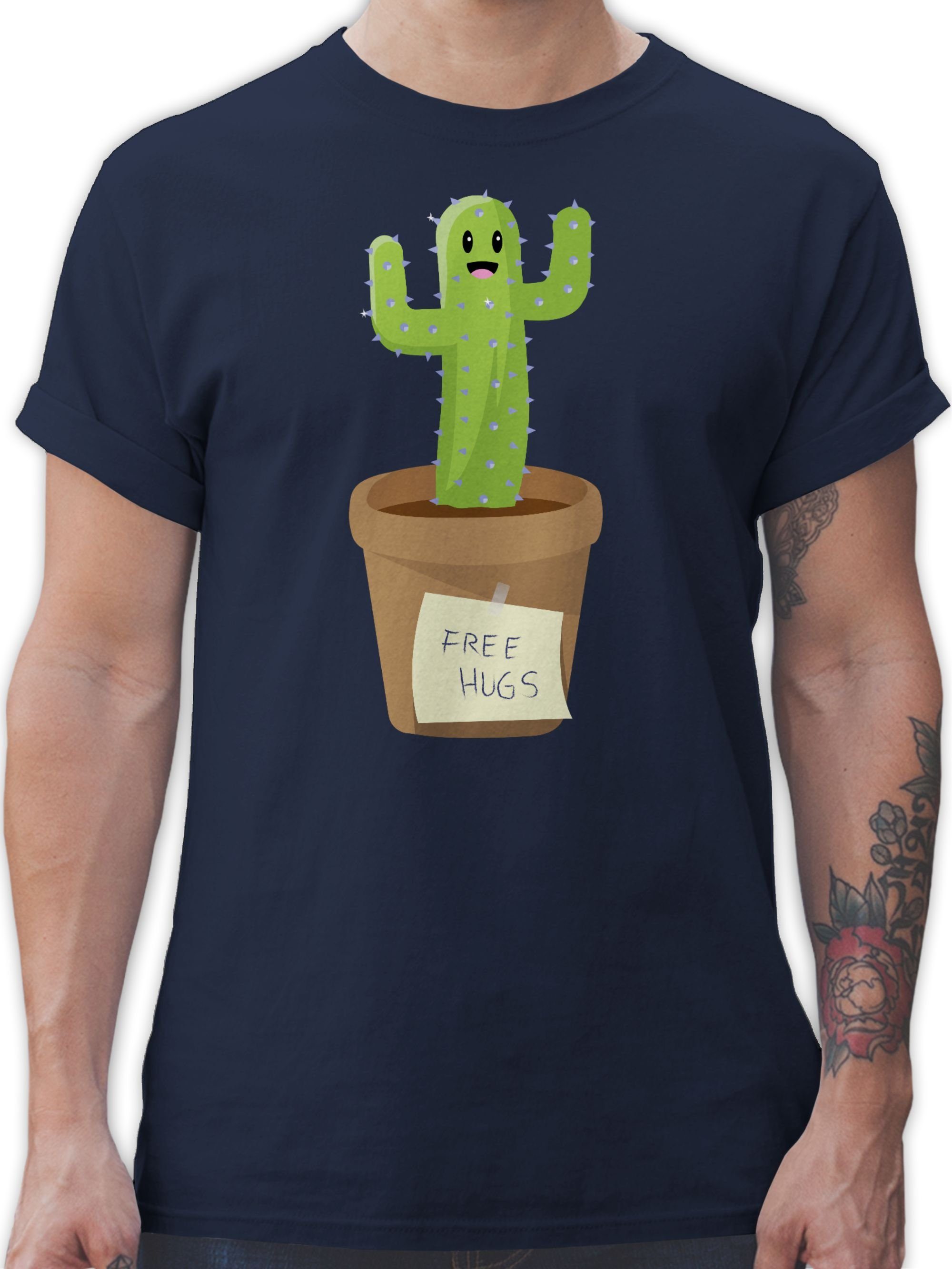 Shirtracer T-Shirt Free Hugs Kaktus Sprüche Statement 03 Navy Blau