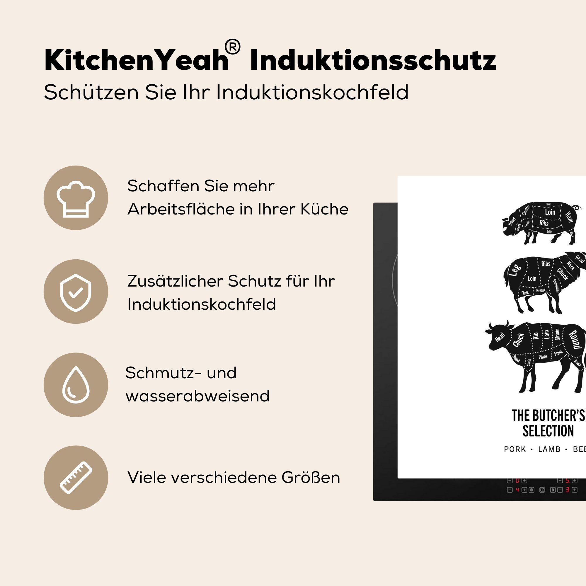 - Küche, für MuchoWow (1 Ceranfeldabdeckung, - küche Tiere Herdblende-/Abdeckplatte Kuh 78x78 Vinyl, tlg), - Arbeitsplatte Fleisch cm,
