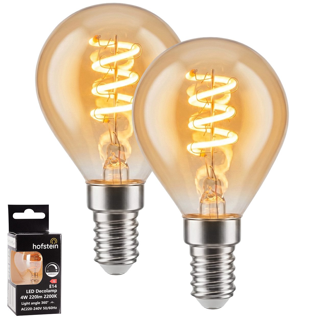 hofstein LED-Leuchtmittel 2er Set Glühbirne Extra Warmweiß dimmbar 4 Watt, E14, 2200 Kelvin, 220 Lumen, Kerze, Filament Spirale, Amber