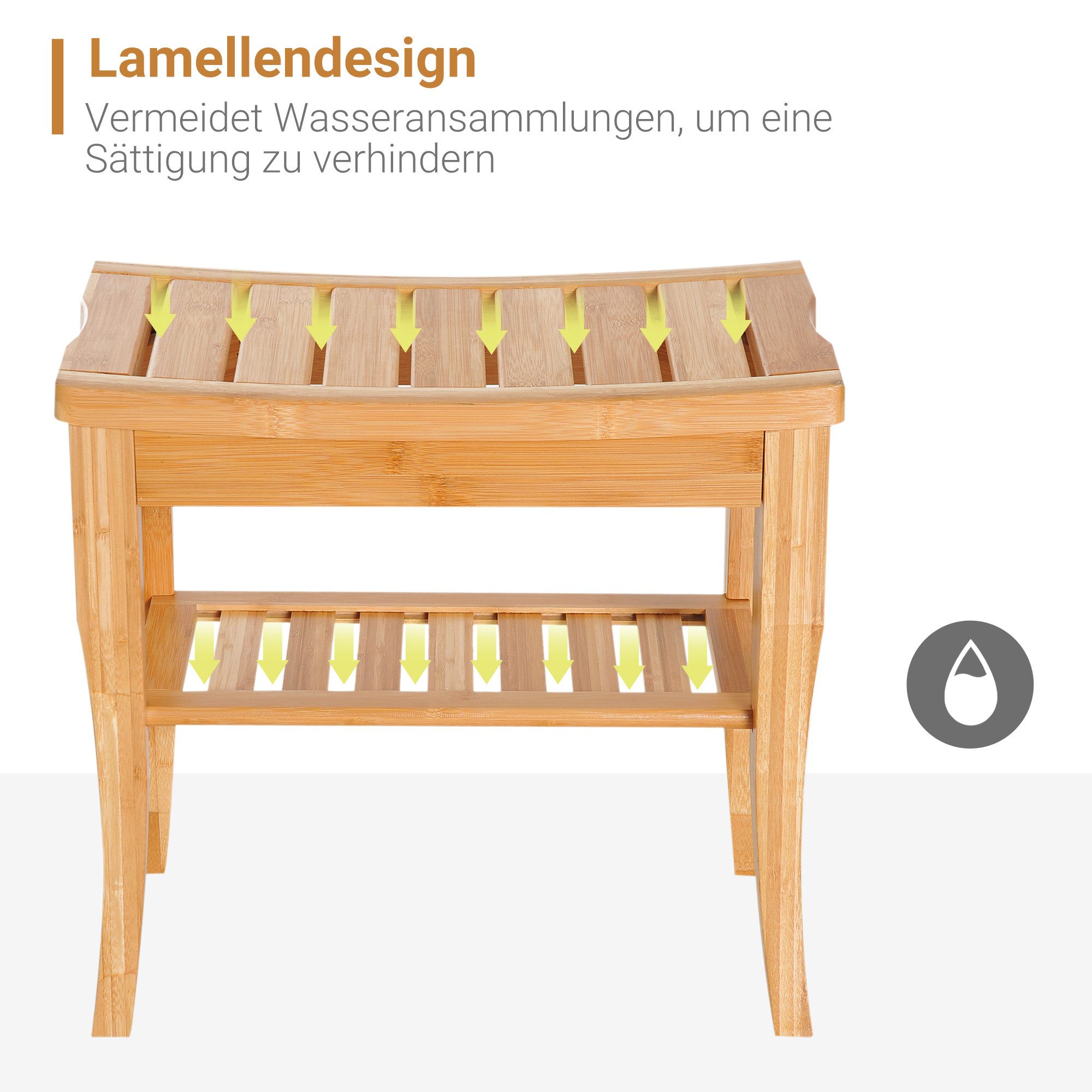 HOMCOM Dusch- und Badhocker Badhocker mit Ablage Duschsitz Duschstuhl Badstuhl Badregal, belastbar bis 130 kg, aus Bambus Natur 47,5 x 26 x 44,5 cm – Bild 5 von 5