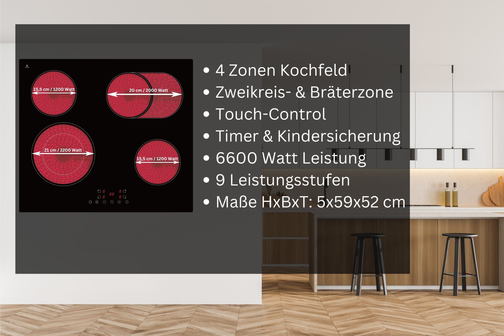 YUNA Elektro-Kochfeld Serie Calor von YUNA CALOR EBK4/2B, Glaskeramikkochfeld mit Touch Control Bräterzone 9 Stufen