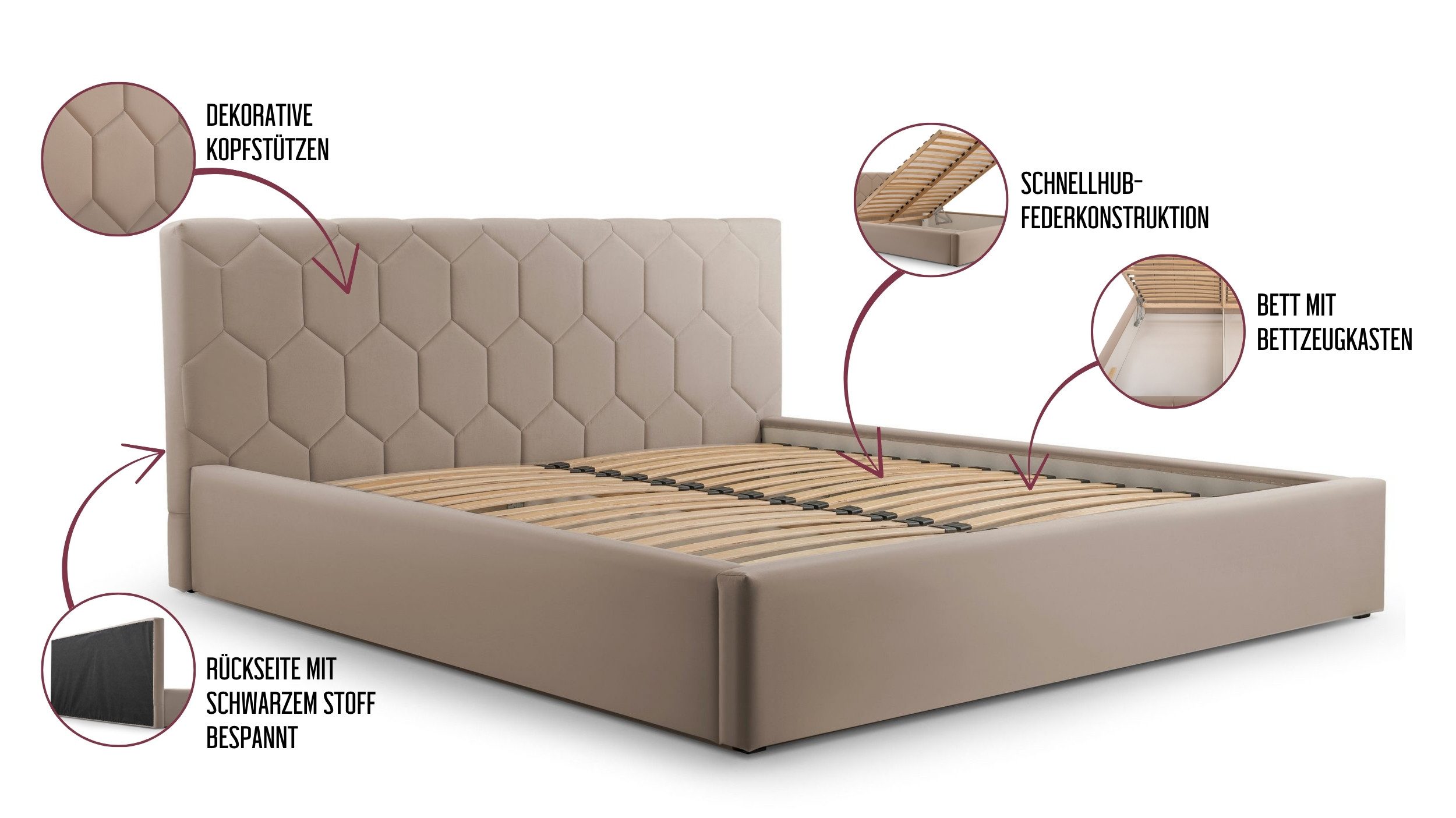 MOEBLO Polsterbett Bett 02 (aus Samt, Doppelbett mit gepolstertem Kopfteil, Bettkasten & Lattenrost, modernes Design mit Stauraum), (BxHxT): 158/178/198 x 95 x 220 cm