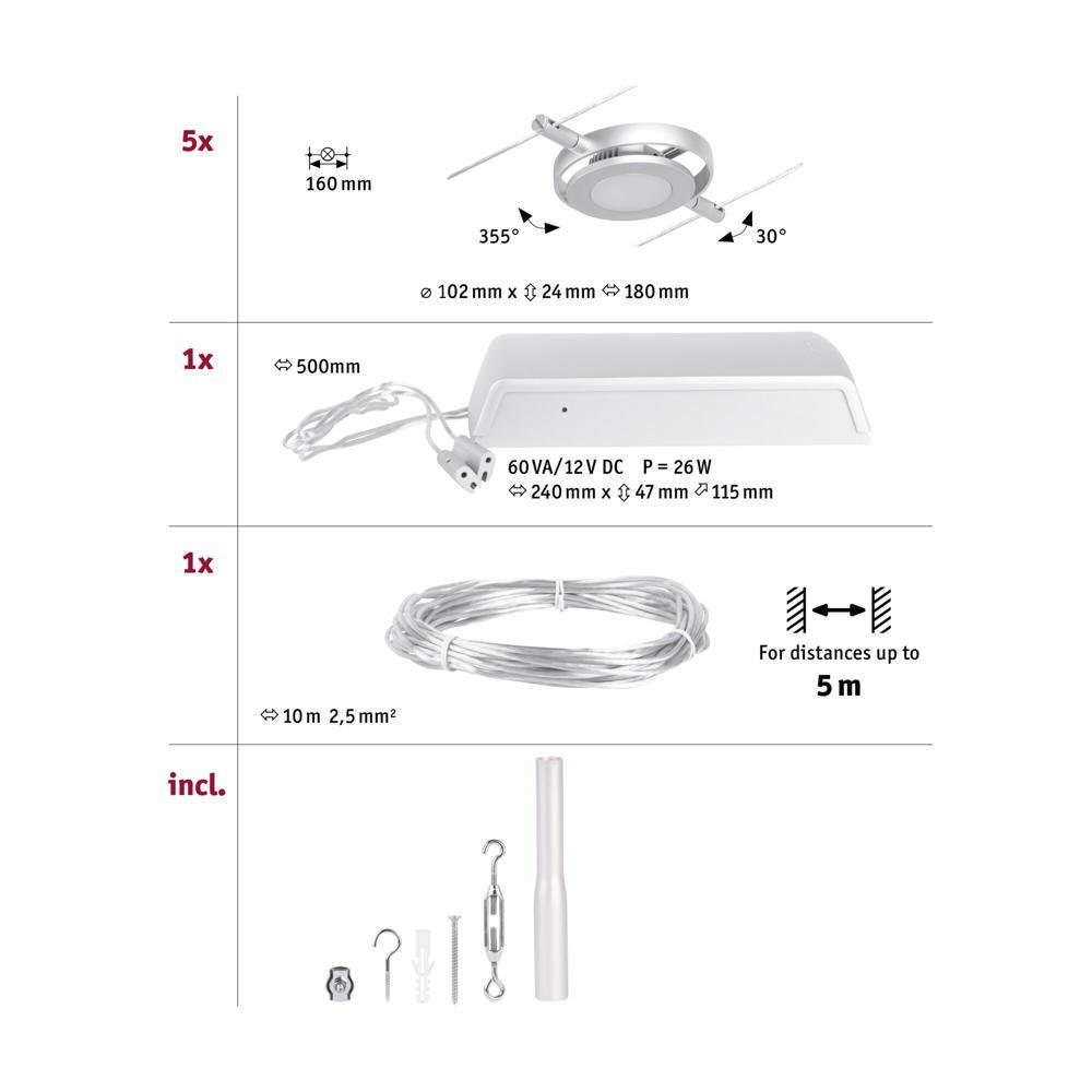 Paulmann Deckenleuchte LED Seilsystem Basisset enthalten: 1400l, Roundmac und Seilsystem in LED, warmweiss, verbaut, Ja, Leuchtmittel Chrom 5x fest 4,5W keine Chrom-matt Angabe