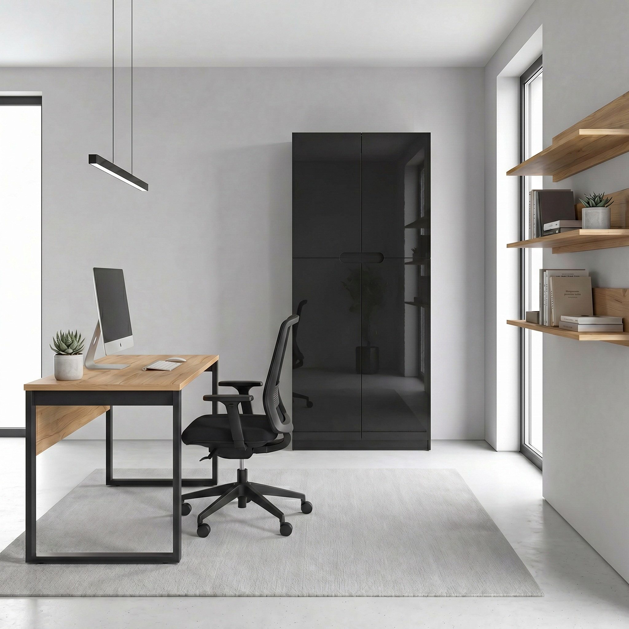 Vladon Aktenschrank Logan (Aktenschrank, mit 5 Fächern und 4 Türen) Schwarz matt/Schwarz Hochglanz (82 x 184 x 37 cm)
