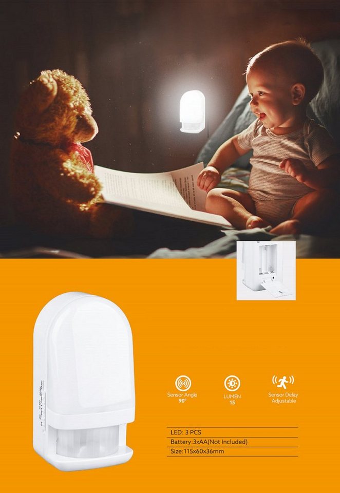 TRANGO LED Nachtlicht, Bewegungsmelder, 11-039 LED Sensor Nachtlicht in Weiß mit Automatikfunktion I Betrieb mit 3x AAA Batterie (nicht enthalten) mit Bewegungssensor, Tageslichtweiß, Sicherheitslicht, Orientierungslicht, Einschlafhilfe