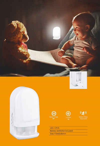 TRANGO LED Nachtlicht, 11-039 LED Sensor Orientierungslicht in Weiß mit Automatikfunktion I Betrieb mit 3x AAA Batterie (nicht enthalten) I mit Bewegungssensor I I Einschlafhilfe, Nachtlampe
