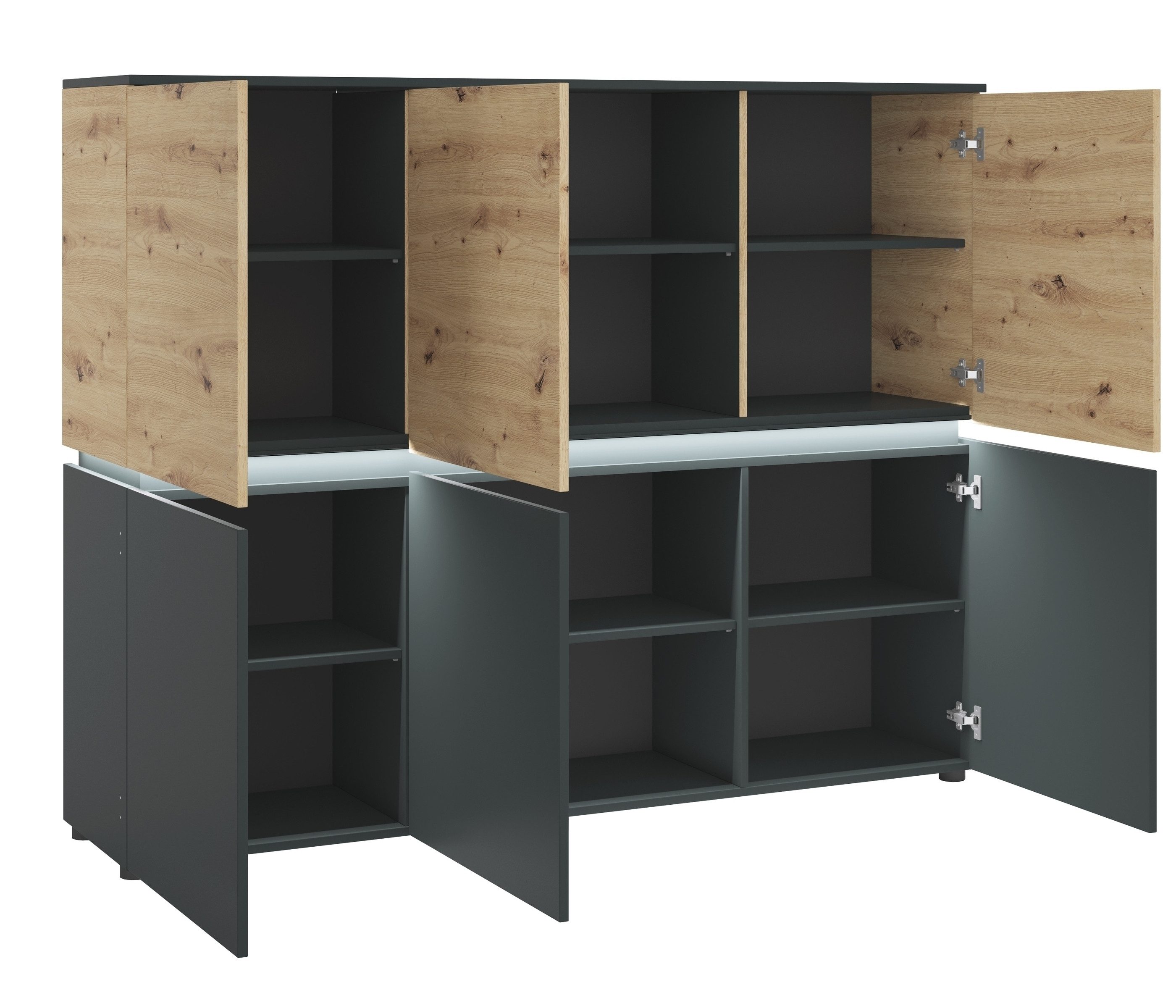 freiraum Highboard LUCI, 6 Türen, Beleuchtung, Artisan Eiche Dekor/Grau - 166x132x40cm BxHxT