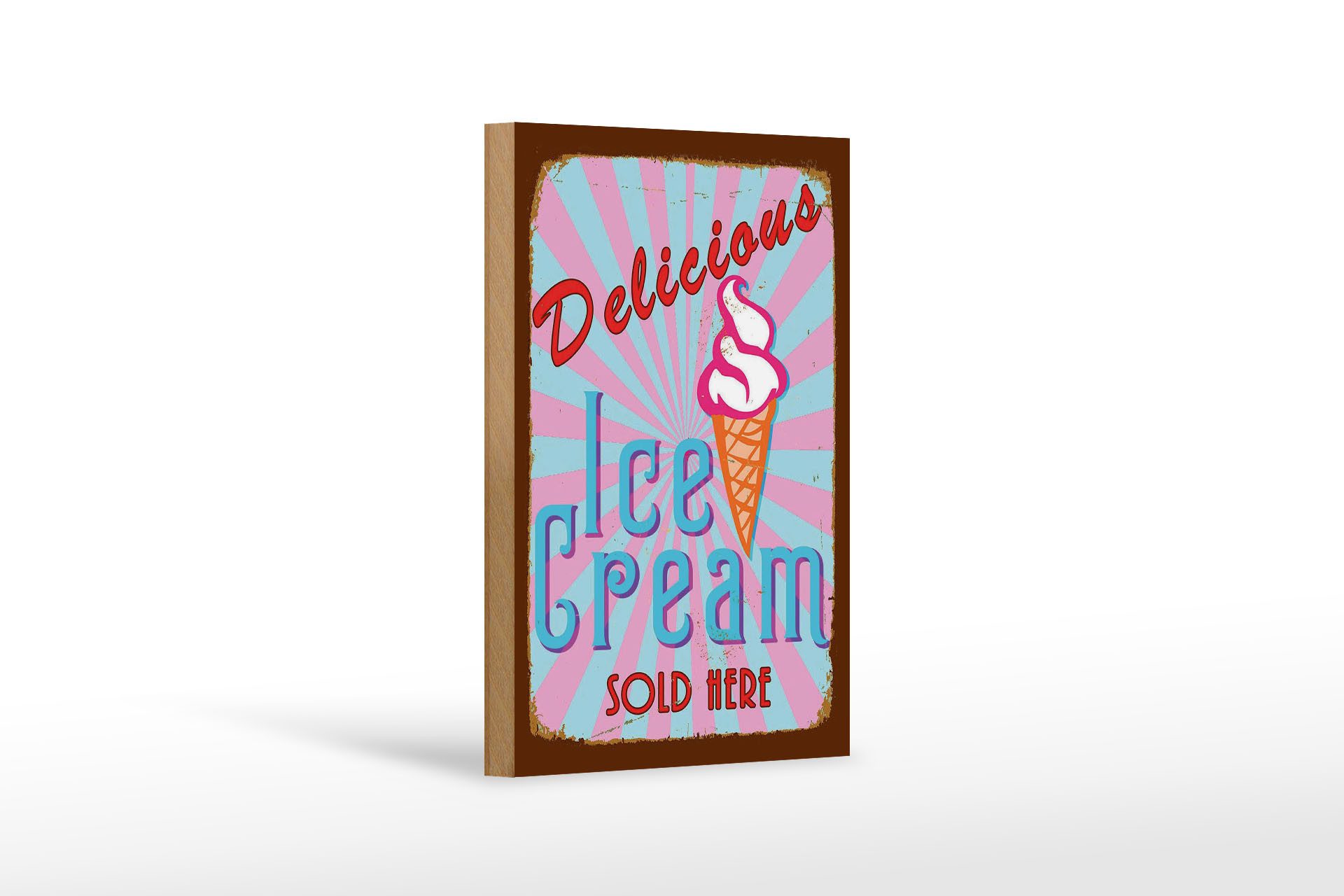 Femer GmbH Holzbild Reklame 12x18 cm Delicious Ice Cream sold here, (1 St), Glatte Holzfaserplatte (MDF), vorn beschichtet