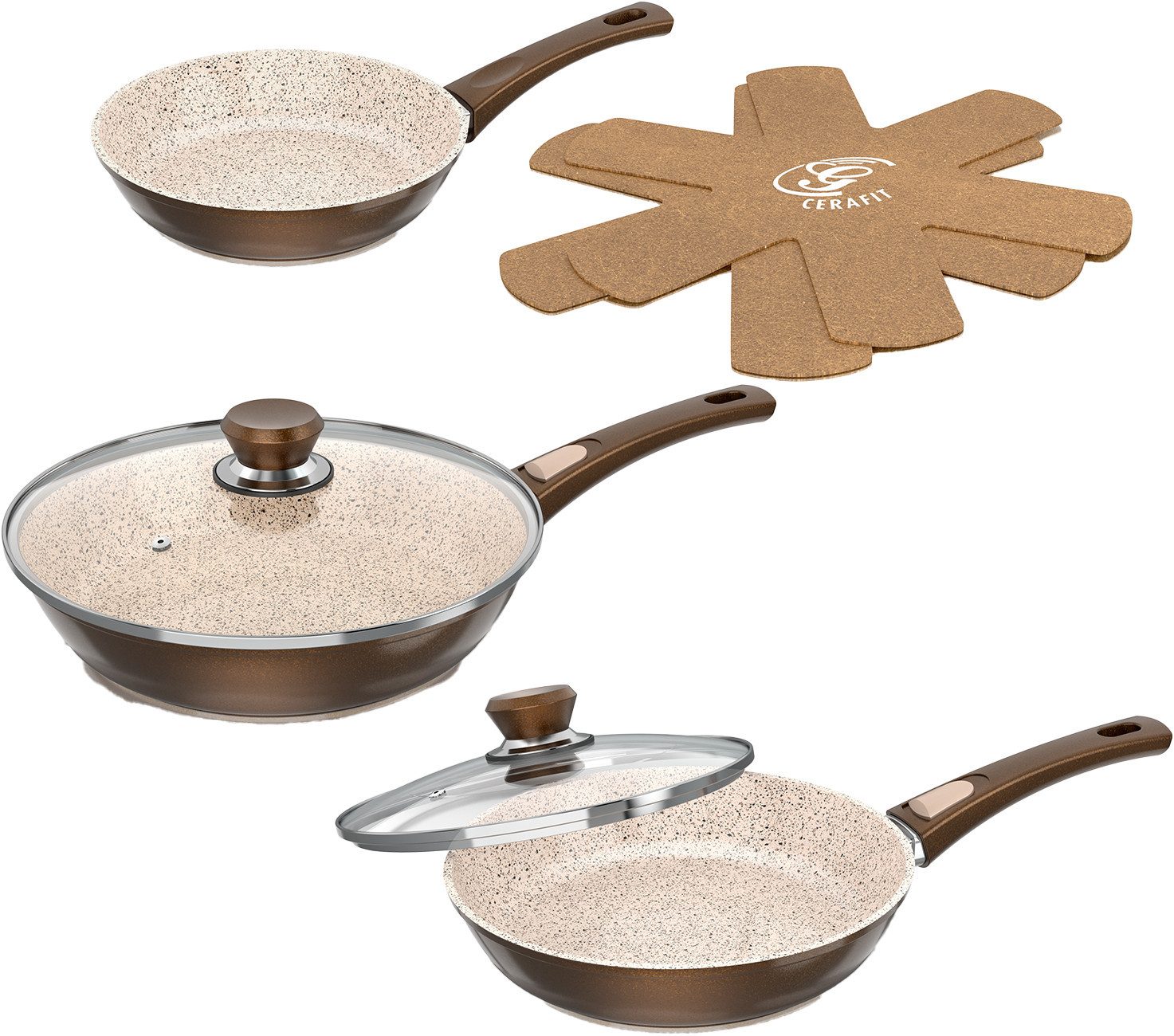 Genius Pfannen-Set Cerafit Granit - Grand-Edition Pfanne, 7-teiliges Set, Edelstahl (Set, 7-tlg., je 1x Pfanne + Deckel 24 cm + 28 cm, 1x Pfanne 20 cm, 2x Einleger), geeignet für Aufläufe, zum Schmoren o. Backen - ohne Griff und Deckel