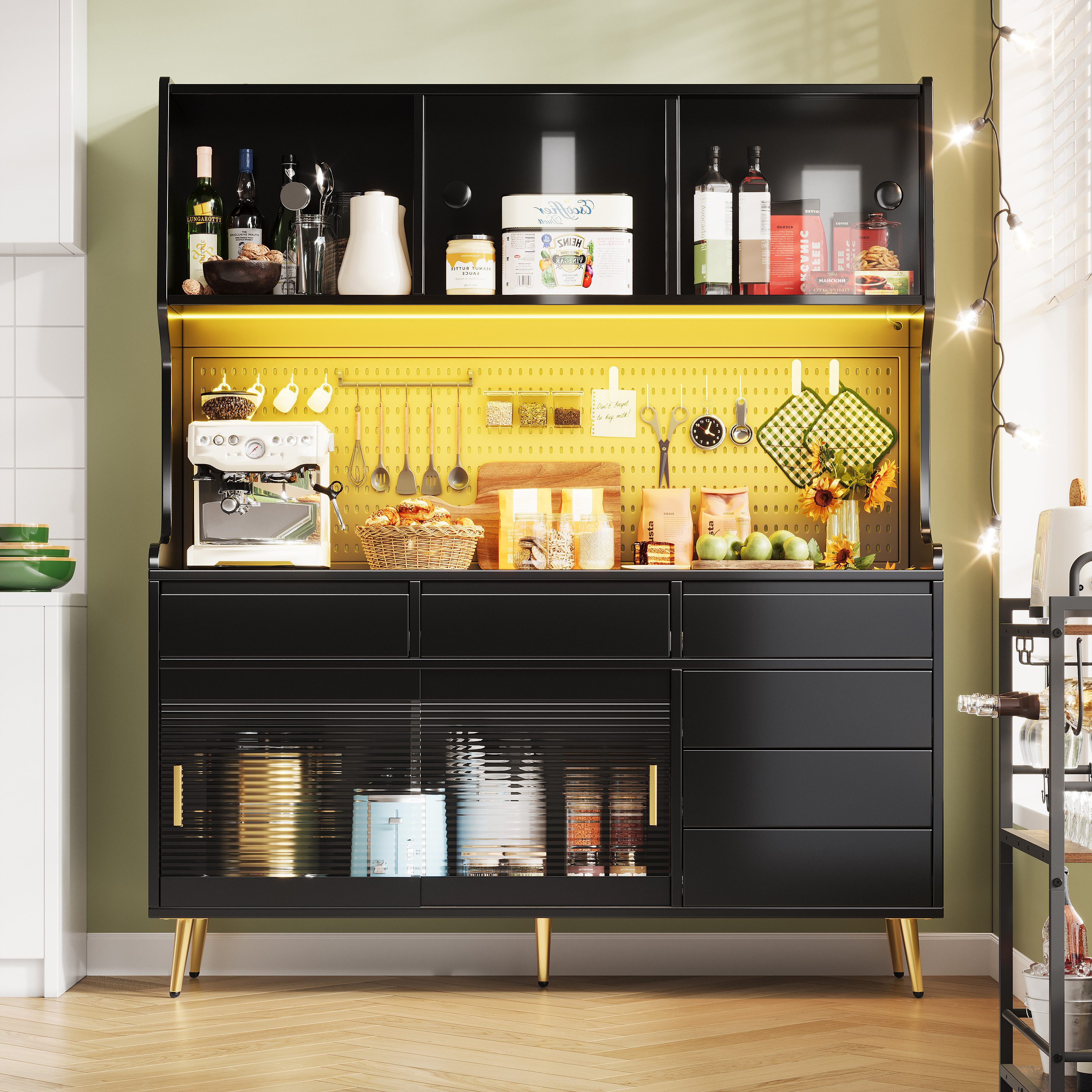 Flieks Küchenbuffet mit LED-Beleuchtung, Lochwand, Glasschiebetüren und 6 Schubladen (1-St., 145x39x171 cm) Hochschrank Küchenschrank Geschirrschrank mit Arbeitsplatte Schwarz
