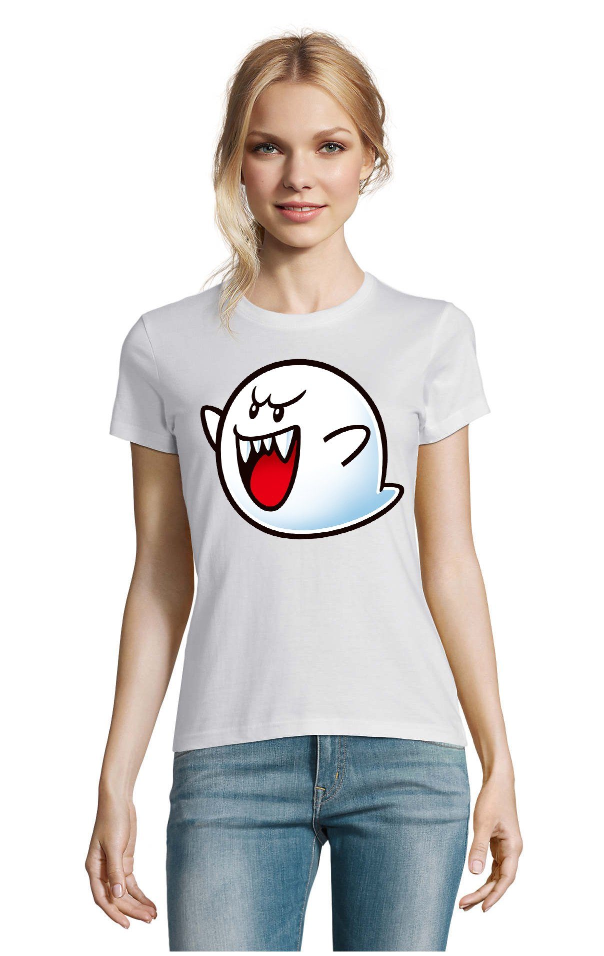 Blondie & Brownie T-Shirt Damen Super Mario Boo Gespenst Geist Nintendo Konsole Weiss