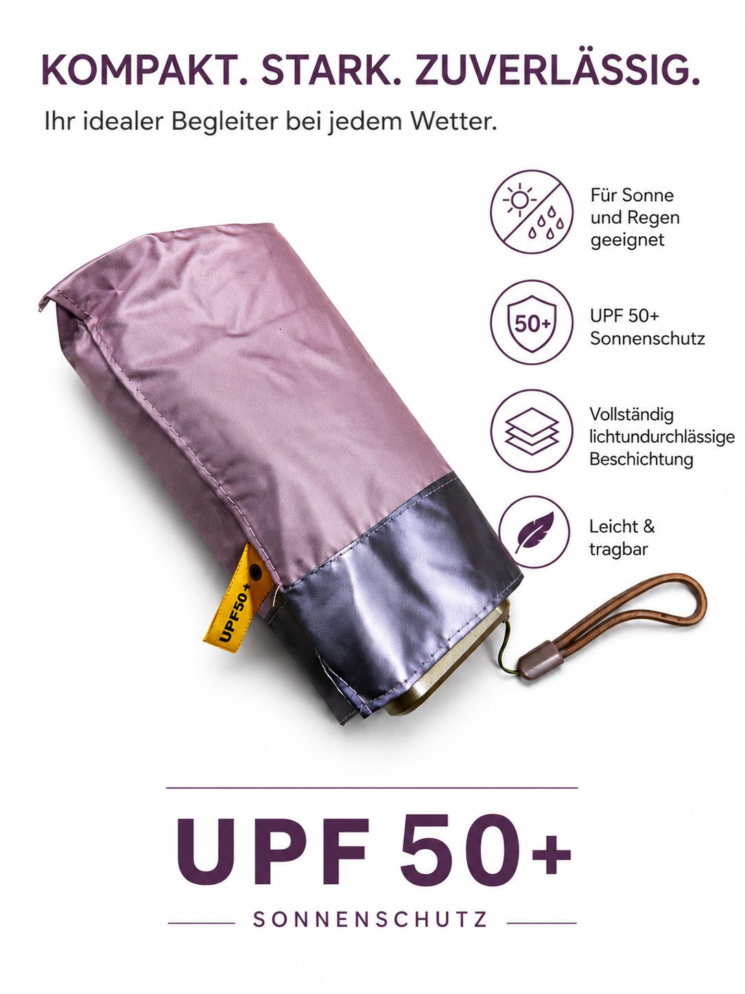 ILOKEN Taschenregenschirm UFP50+ UV Schutz Sonnenschirm Damen automatisch klein & leicht faltbar, Schutzhülle inklusive, ideal für unterwegs
