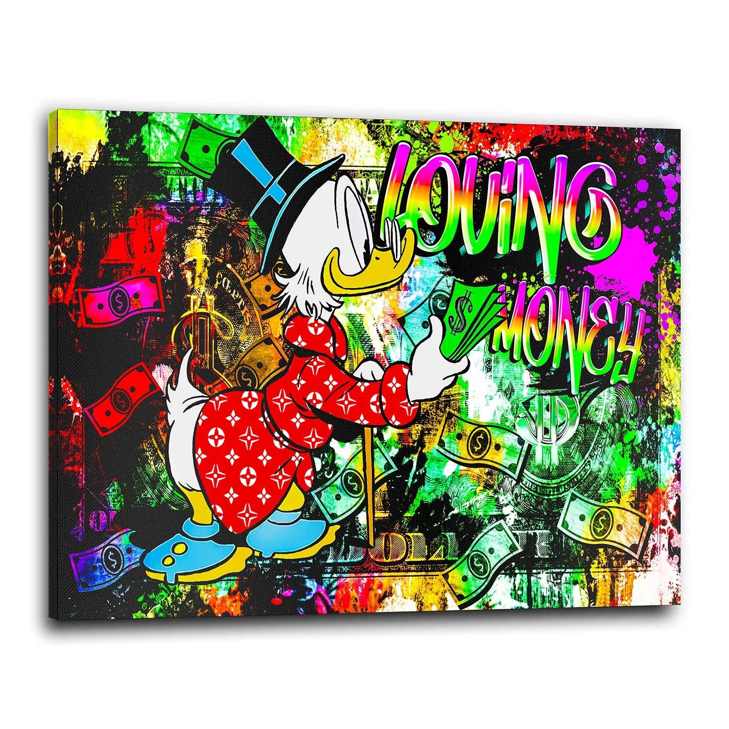 Leinwandbild Loving Money Duck, Comic Wandbild Leinwandbild Kunst XXL Deko