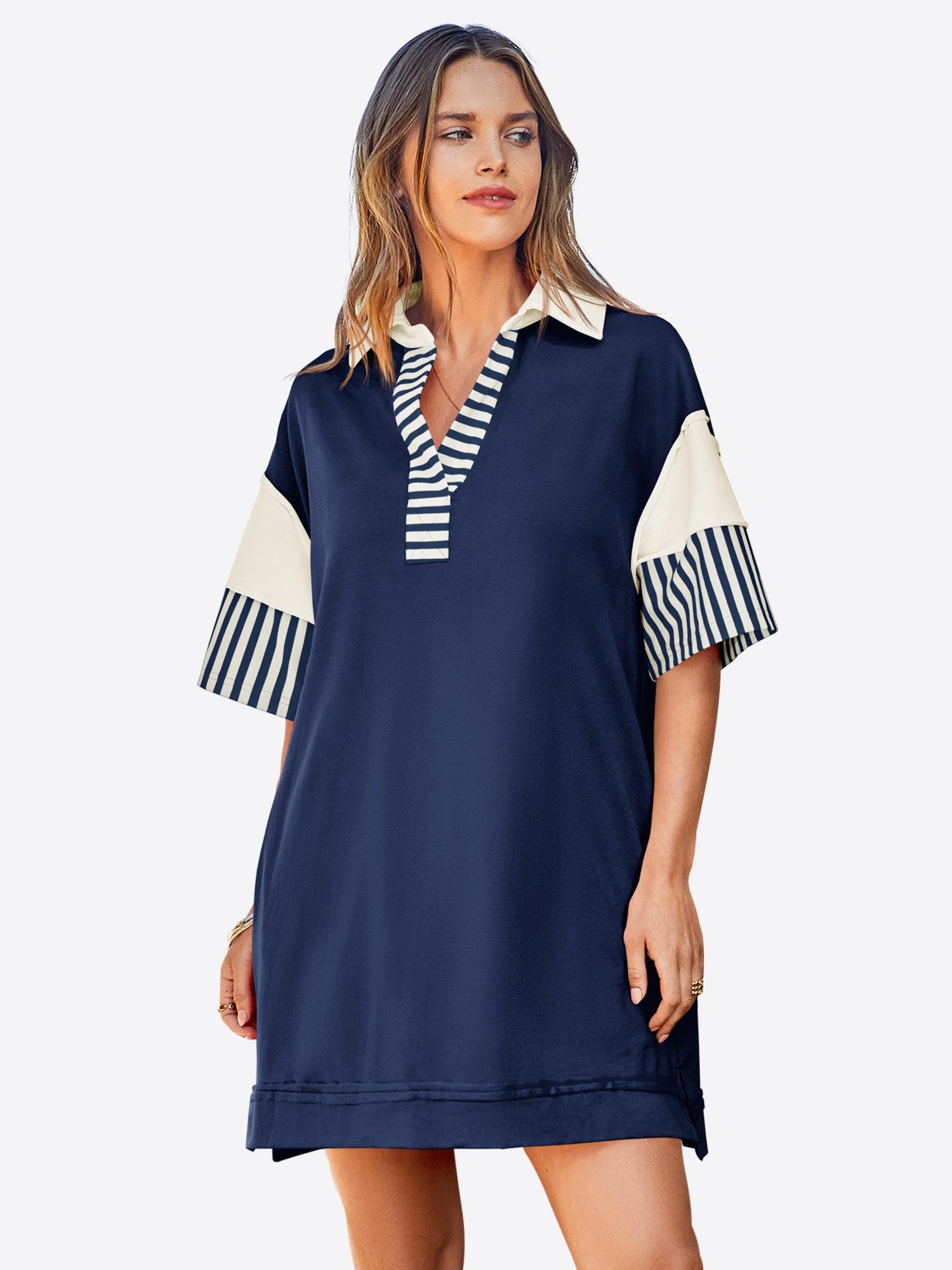 Imily Bela Minikleid Damen Polo Oversized Sweatshirt Kleider (Packung, 1-tlg., 1per-Pack) mit V-Ausschnitt