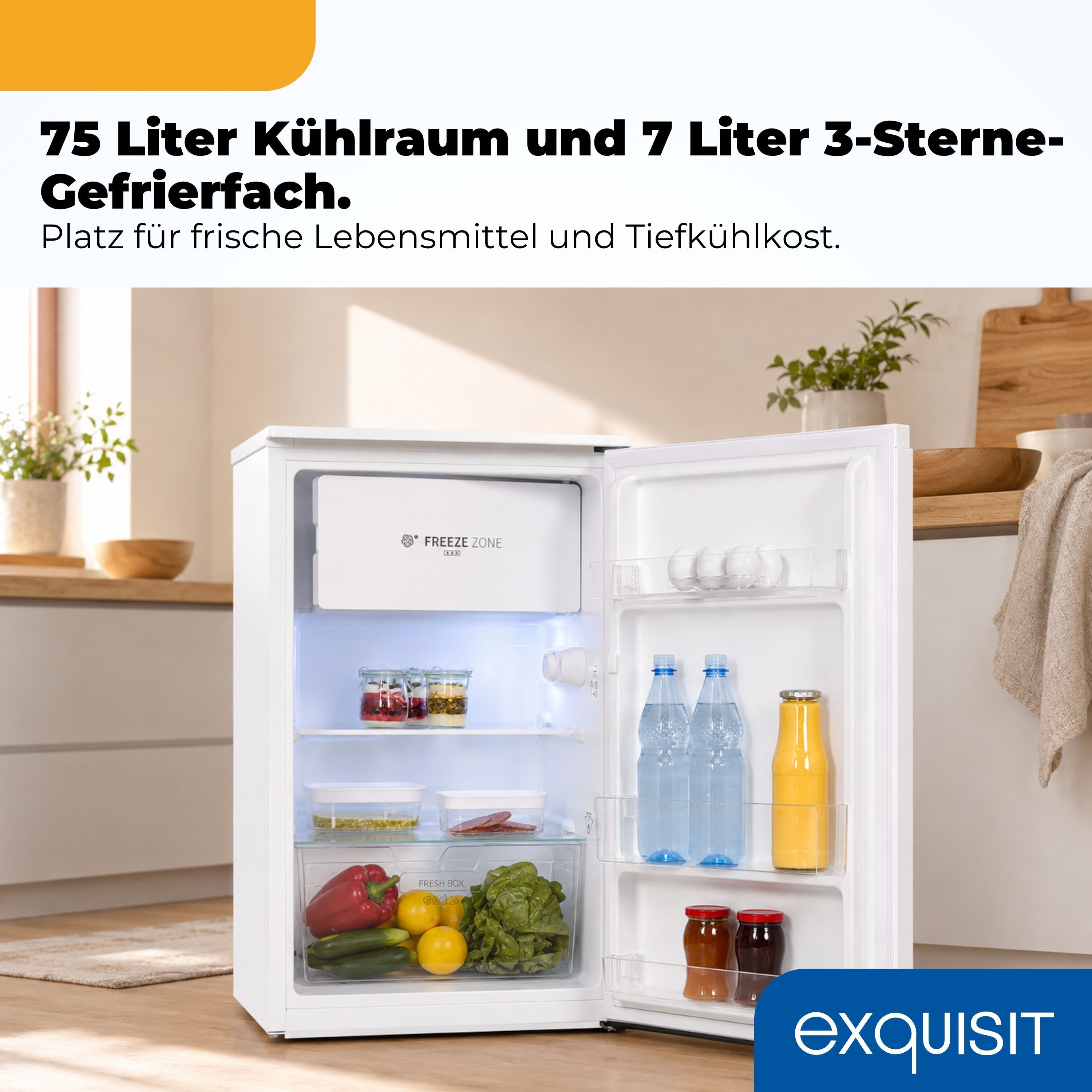 exquisit Kühlschrank KS117-3-011E weiss, 84 cm hoch, 48 cm breit, Perfekte Kühlung & Gefrierfach: 82 L Mini-Kombi für jede Küche – Bild 5 von 5