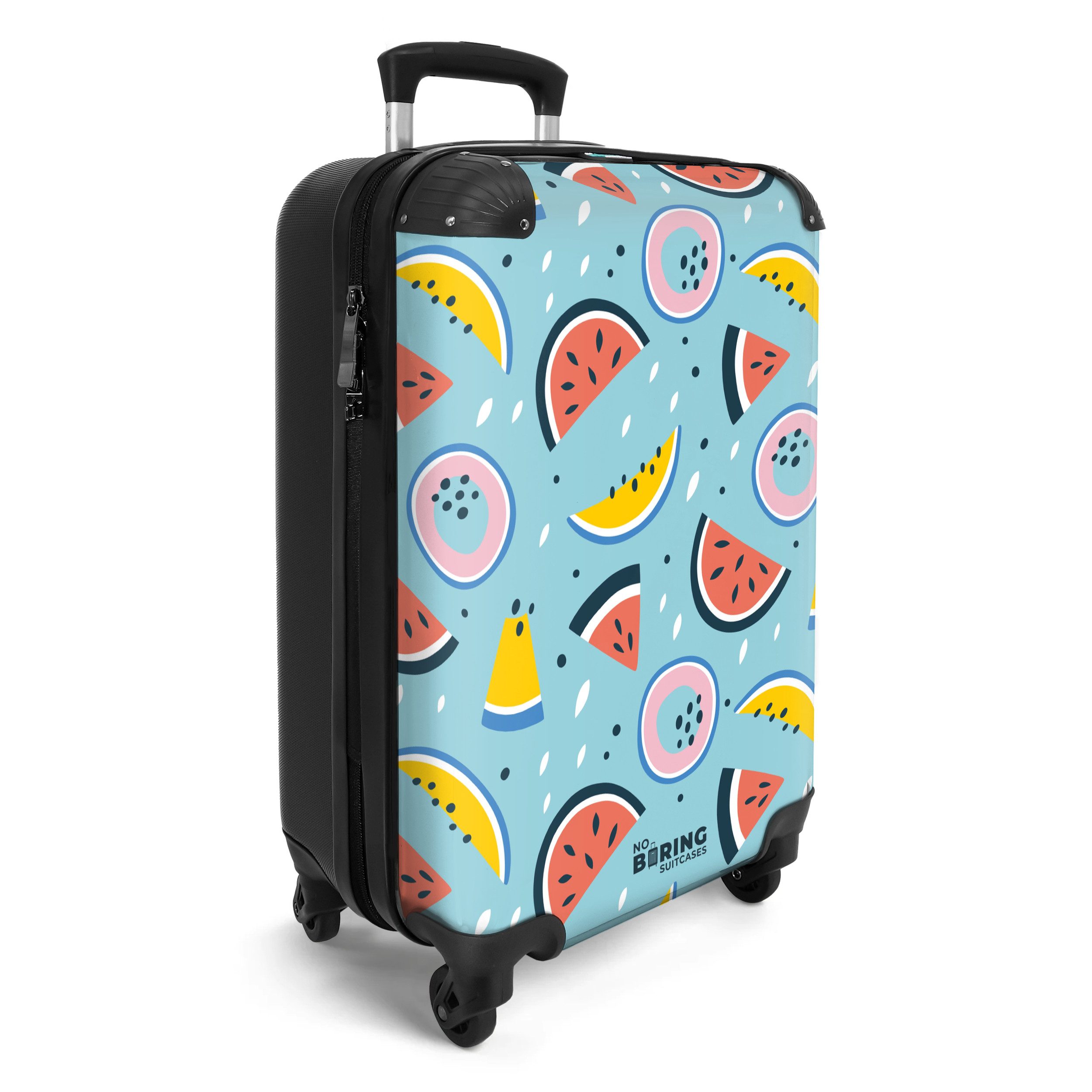 NoBoringSuitcases.com© Hartschalen-Trolley Wassermelonen und Fruchtsegmente auf hellblauem Muster 55x35x20cm, 4 Rollen, Reisetasche mit Rollen, Koffer Handgepäck Flugzeug