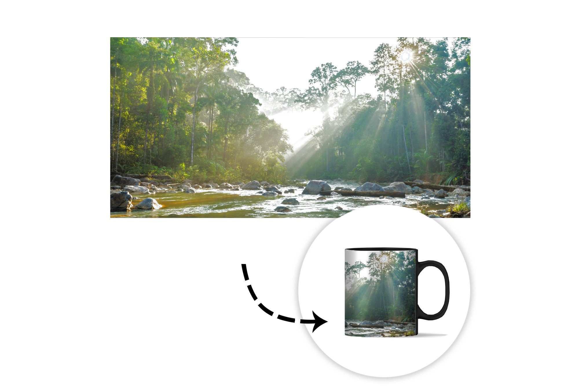 einen Kaffeetassen, malaysischen Die MuchoWow Tasse Sonne scheint Farbwechsel, auf Keramik, Geschenk Fluss Wald, in Zaubertasse, Teetasse, einem