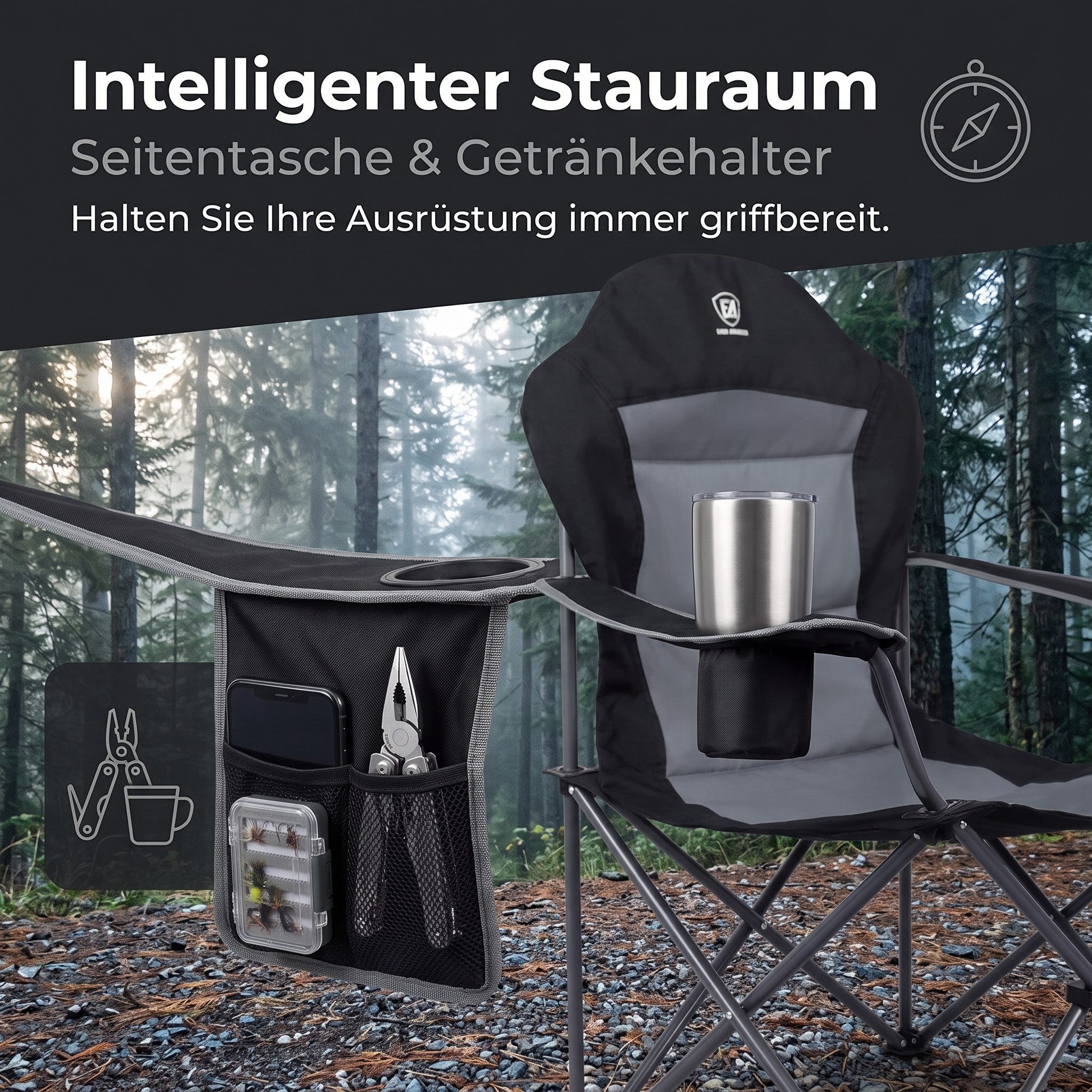 SURFOU Campingstuhl Campingstuhl faltbar mit Armlehnen und Getränkehalter Schwarz