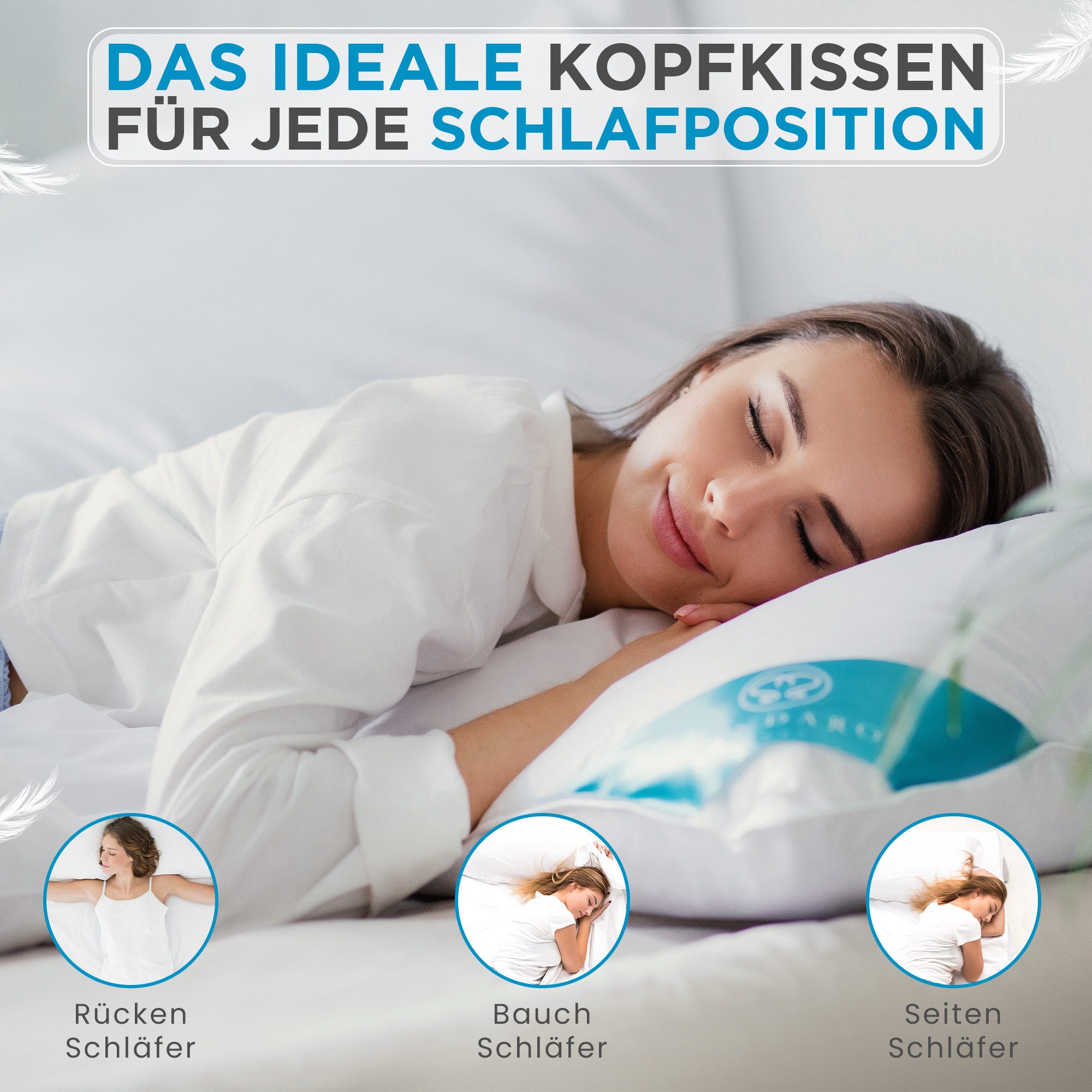 Sandaro Home Daunenkissen 1200 gr, 3-KAMMERN KISSEN, 80 x 80 cm 2er SET, Bezug: Baumwolle