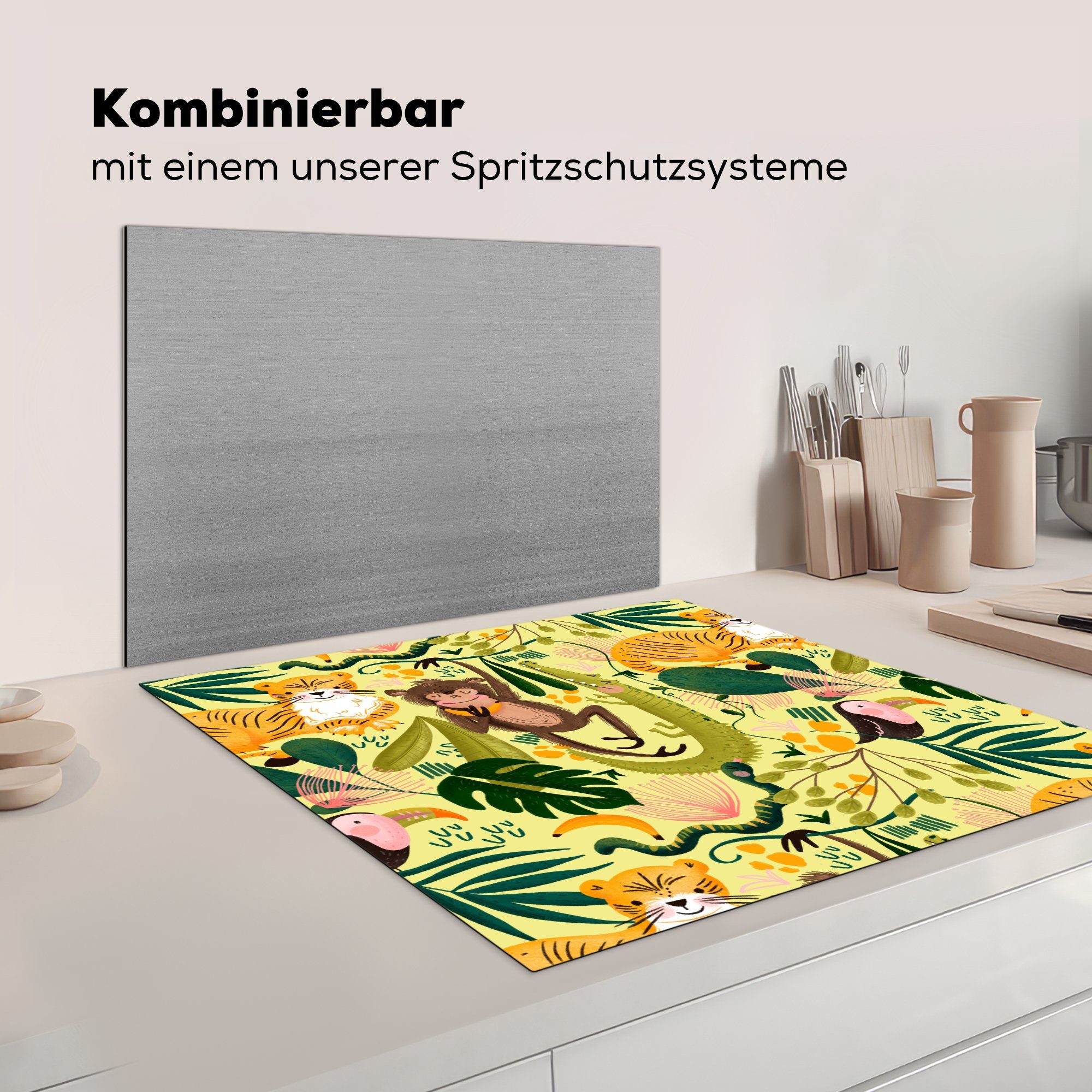 MuchoWow Herdblende-/Abdeckplatte Dschungel - Affe cm, Gelb, - für 78x78 küche Arbeitsplatte Ceranfeldabdeckung, Vinyl, (1 - tlg), Krokodil