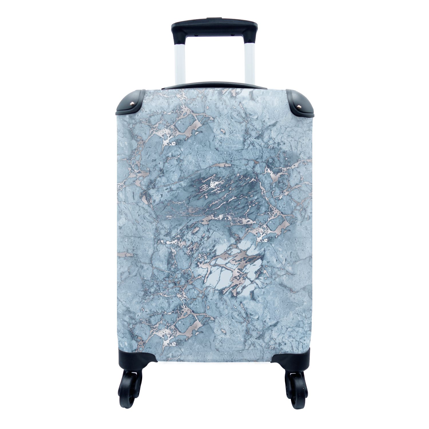 MuchoWow Handgepäckkoffer Blau - Silber - Marmor - Muster, 4 Rollen, Reisetasche mit rollen, Handgepäck für Ferien, Trolley, Reisekoffer