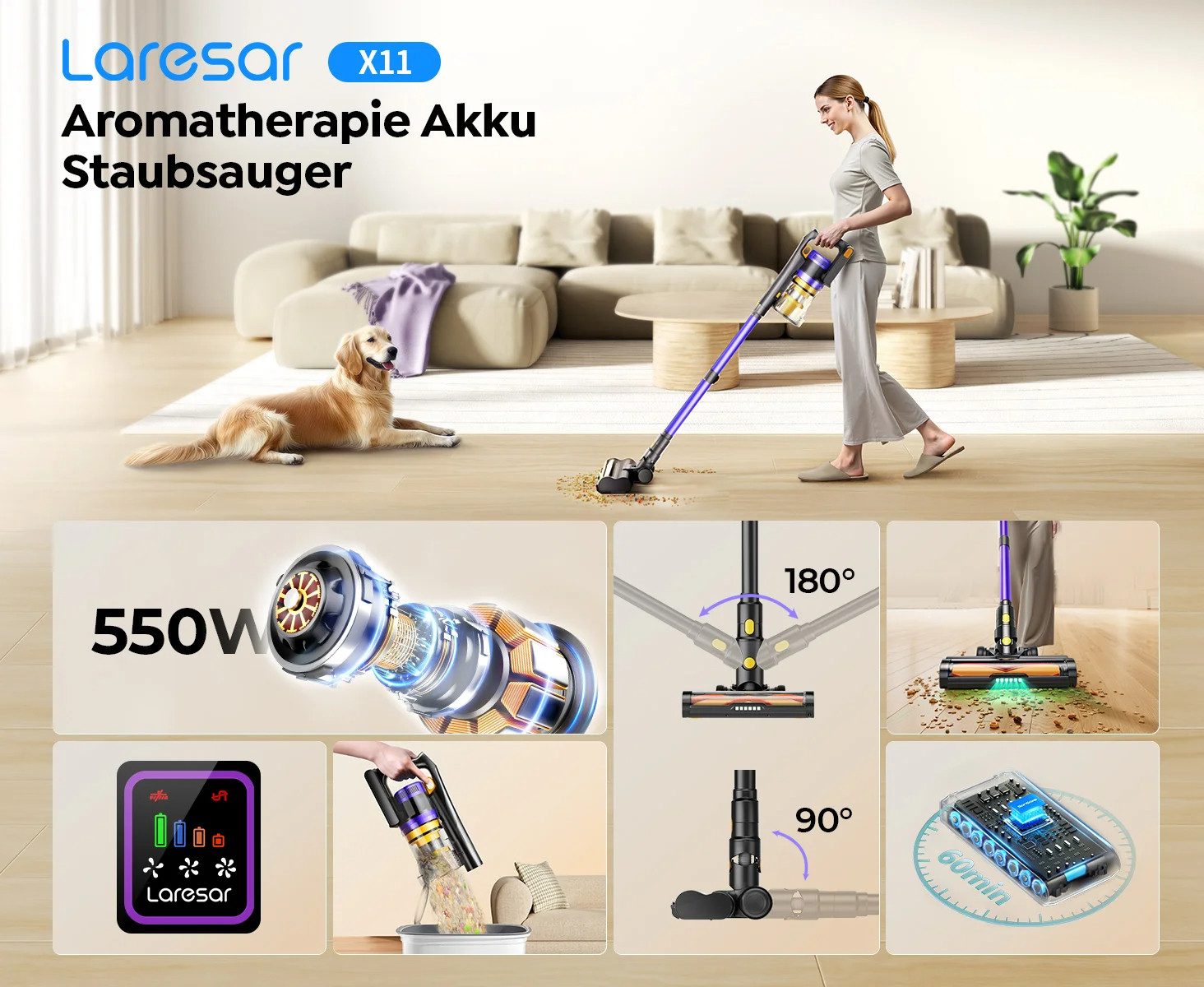Laresar Bodenstaubsauger X11 3-in-1 Akku-Staubsauger, 550W 55.000PA, Handstaubsauger, 550 W, 60 Min Laufzeit, reinigt 99,98% des Staubes, 3 Geschwindigkeiten