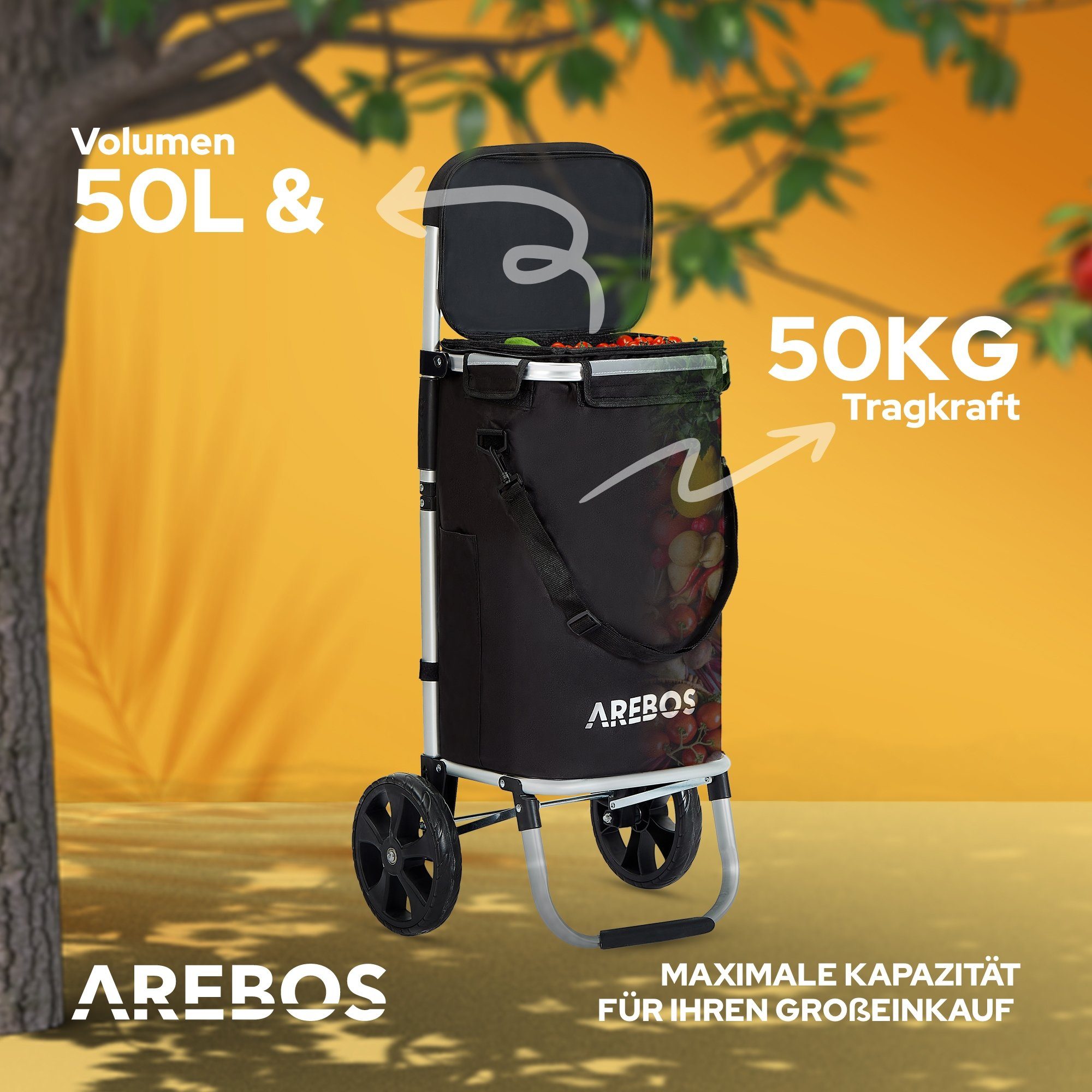 Arebos Einkaufstrolley 3-in-1 mit Kühlfach, klappbar 50 L & Tragkraft 50 kg, 56 l, integrierte Kühlfach – Bild 4 von 5