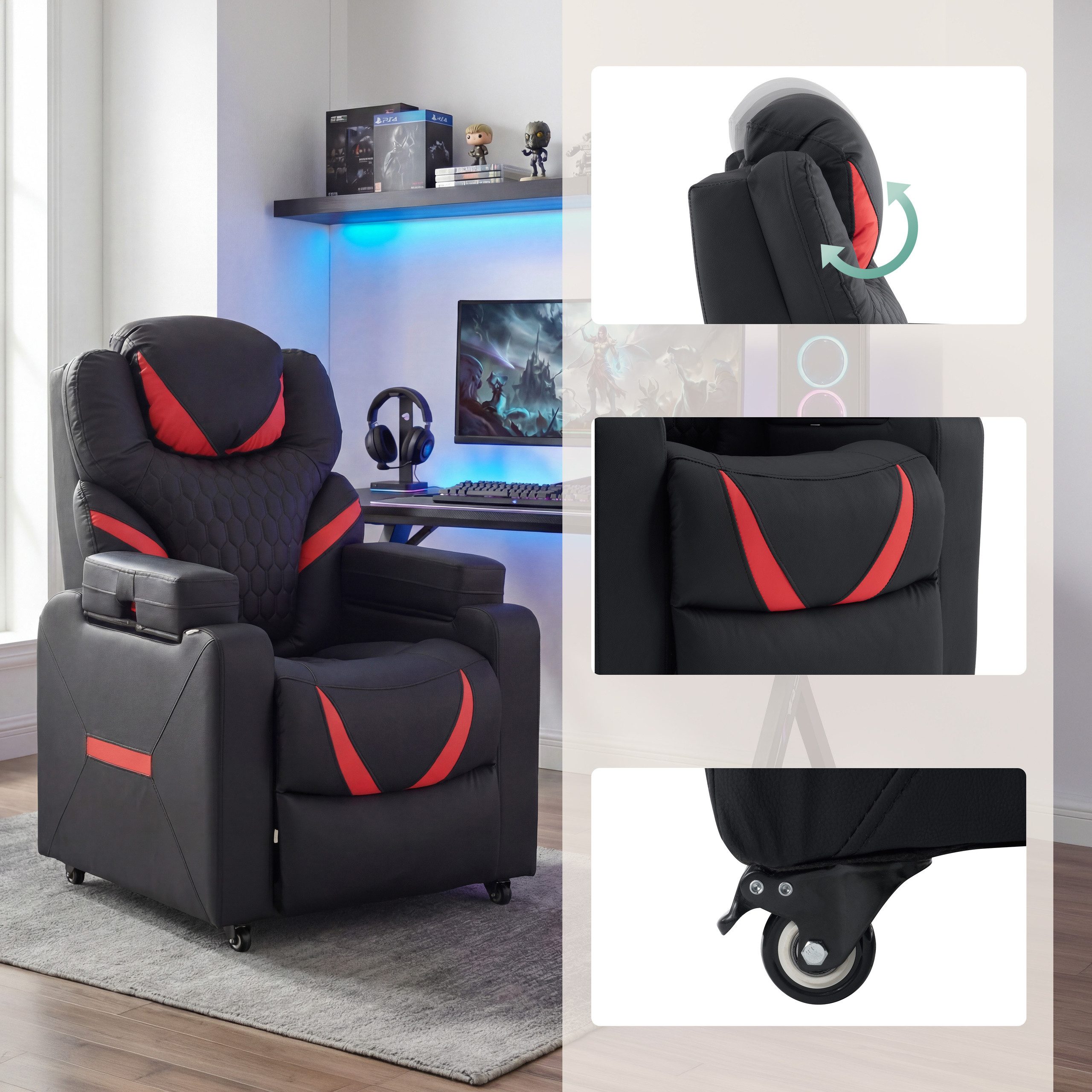 hjh OFFICE Loungesessel Loungesessel Game Sport RX Kunstleder, Gaming Relax Sessel mit Kopfstütze, 90–170° Neigungswinkel, drehbar