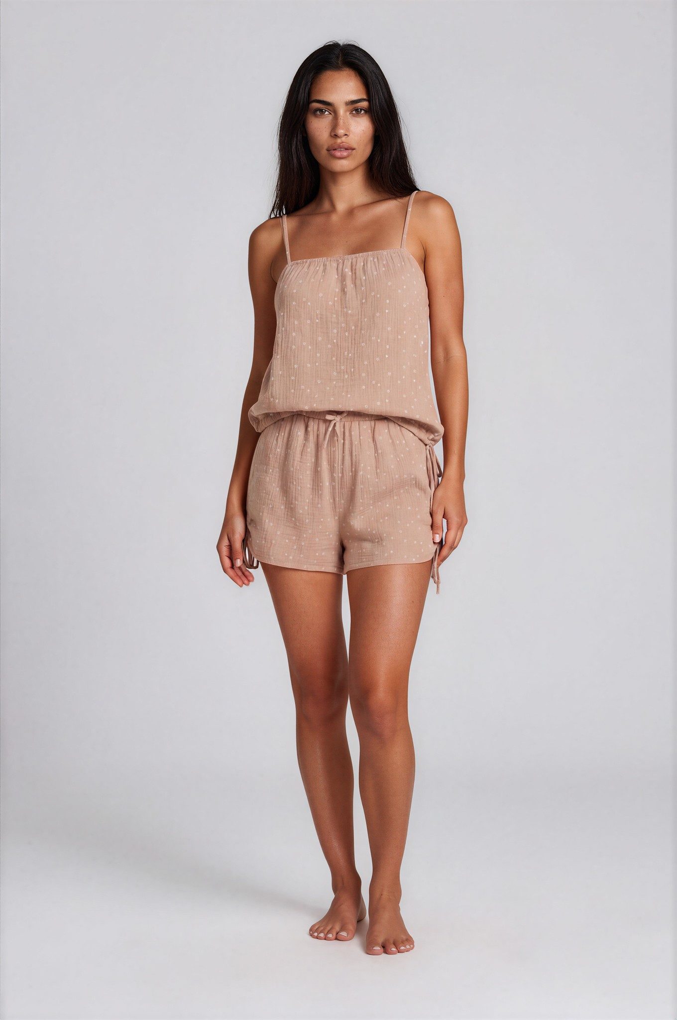 Mademoiselle Sommeil Shorty Damen Musselin Pyjama – Schlafanzug aus 100 % Baumwolle (Set, 2 tlg) mit Spaghettiträger-Top & Raffdetails
